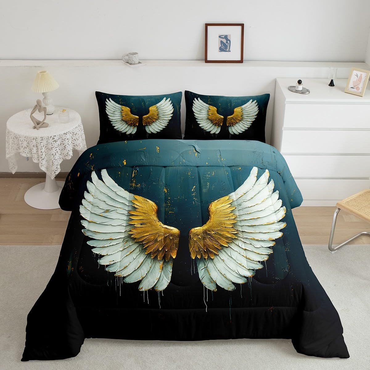 Erosebridal Angel Wings Kids Bedding | Gothic Style Queen Comforter Sets,White and Golden Feather Comforter Watercolor Dreamy Duvet Insert with 2 Pillow Cases