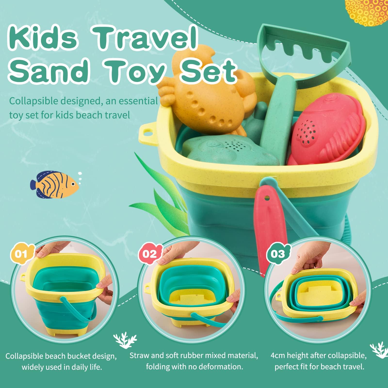Strandspielzeug für Kinder, Sandspielzeug-Set inklusive faltbarer Sandkastenschaufel und Sandharkenspielzeug für Strand, 12-teilig, Sandburg Bausatz inkl