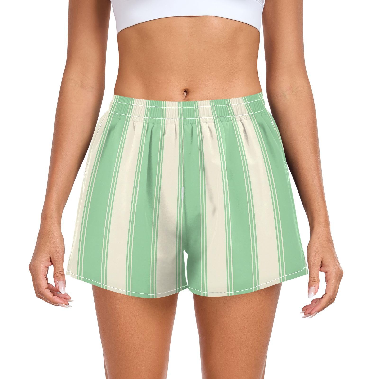 UMIRIKO Green Yellow Stripe Athletic Shorts for Women with Pockets S 2300904