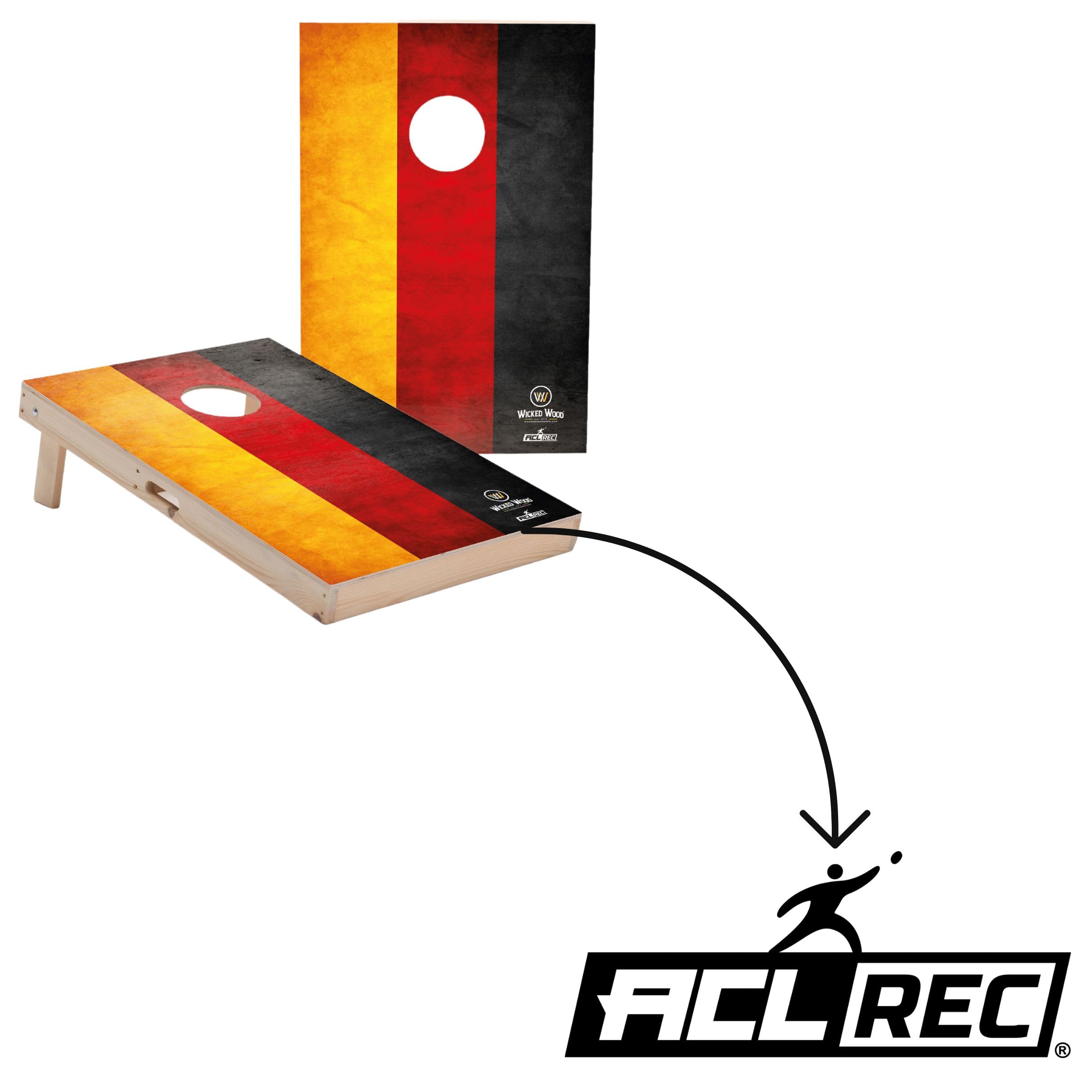 Wicked Wood Games Cornhole Set | Deutschland-Flagge | 90 x 60 cm | Tailgate größe | inkl. 2 Bretter + 2 x 4 gelbe & Schwarze Cornhole Säckchen | ACL Rec