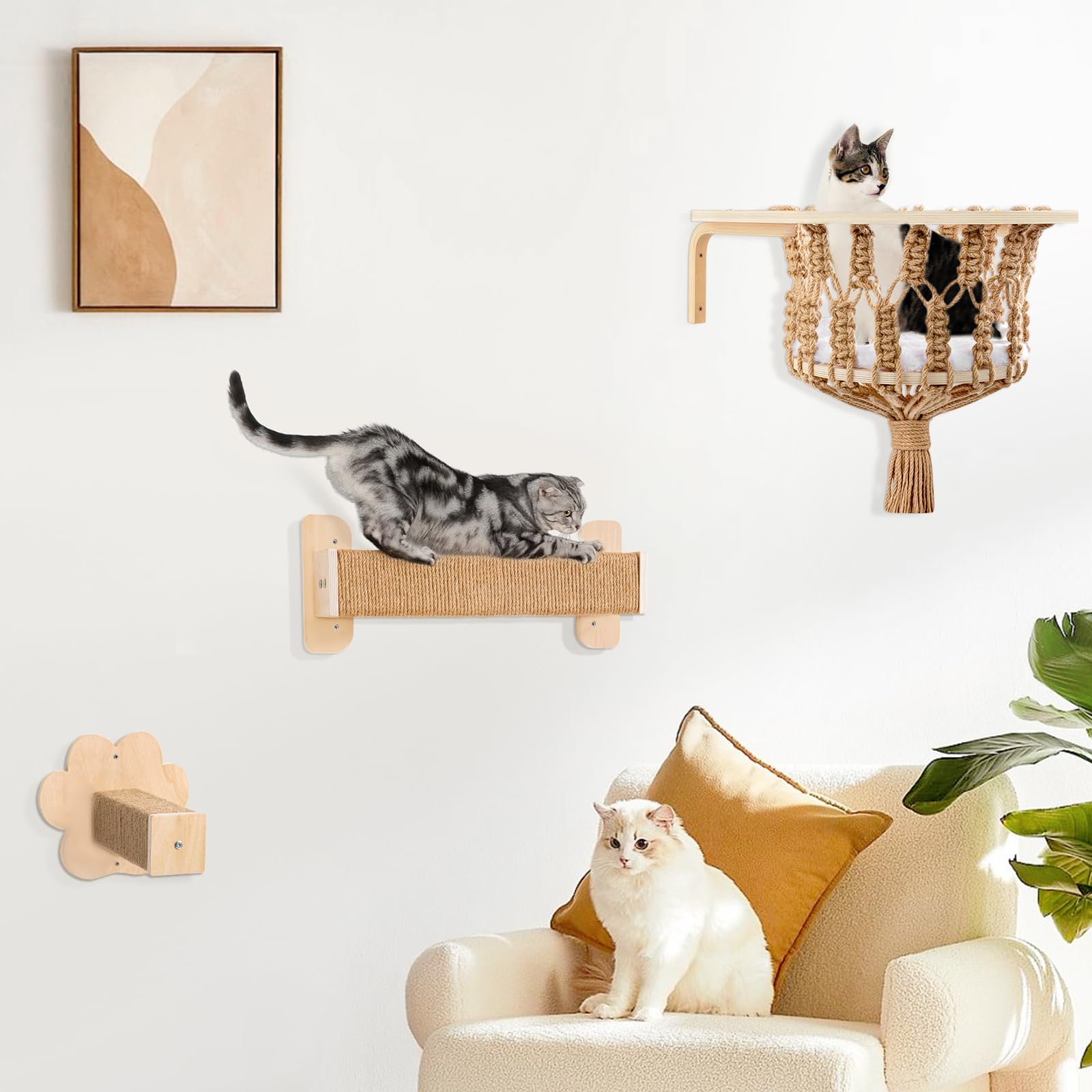 TAKEKITCat Shelves with Scratching Post, Hammock and Steps - Wall-Mounted Cat Furniture for Climbing, Playing, Sleeping & Scratching - Suitable for Large Cats or Kittens
