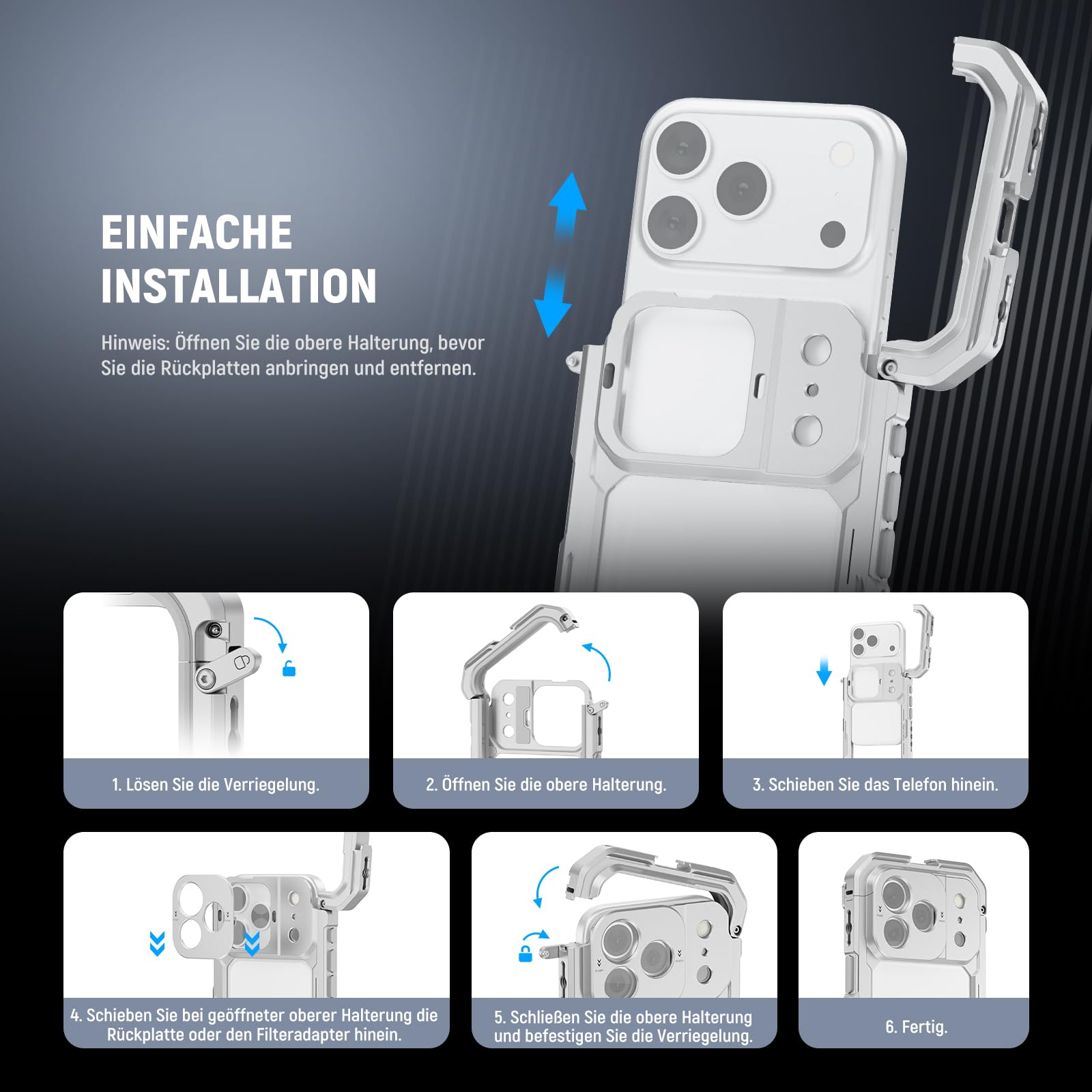 NEEWER Phone Käfig Cage Kompatibel mit iPhone 17 Pro, Schnellwechsel Video Rig Handy Stabilisator Zubehör mit 67mm Filterring, 17mm Objektivrückplatte, T Mount Adapter, PA143 (Silver)