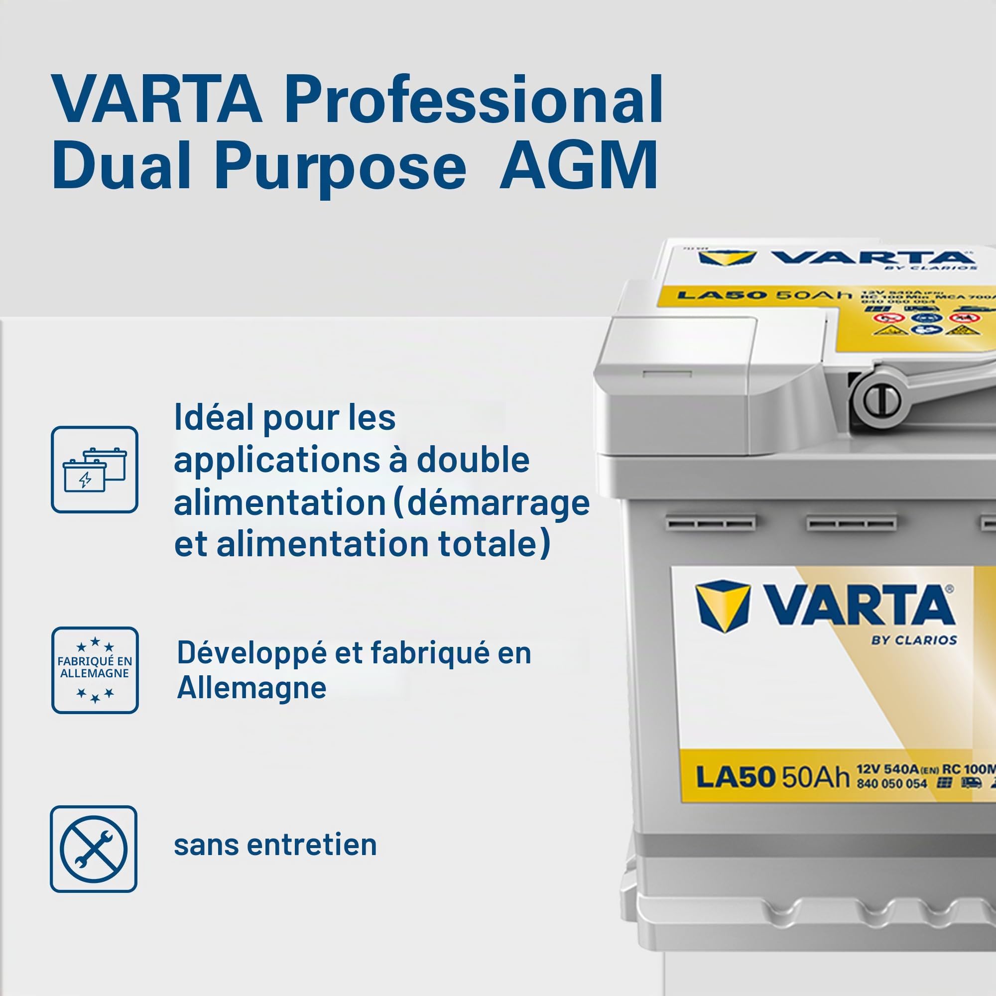 Batterie VARTA Professional AGM Dual Purpose LA80-12V 80Ah 800A - 840080080 - Pour camping-cars, caravanes et bateaux à forte demande énergétique.