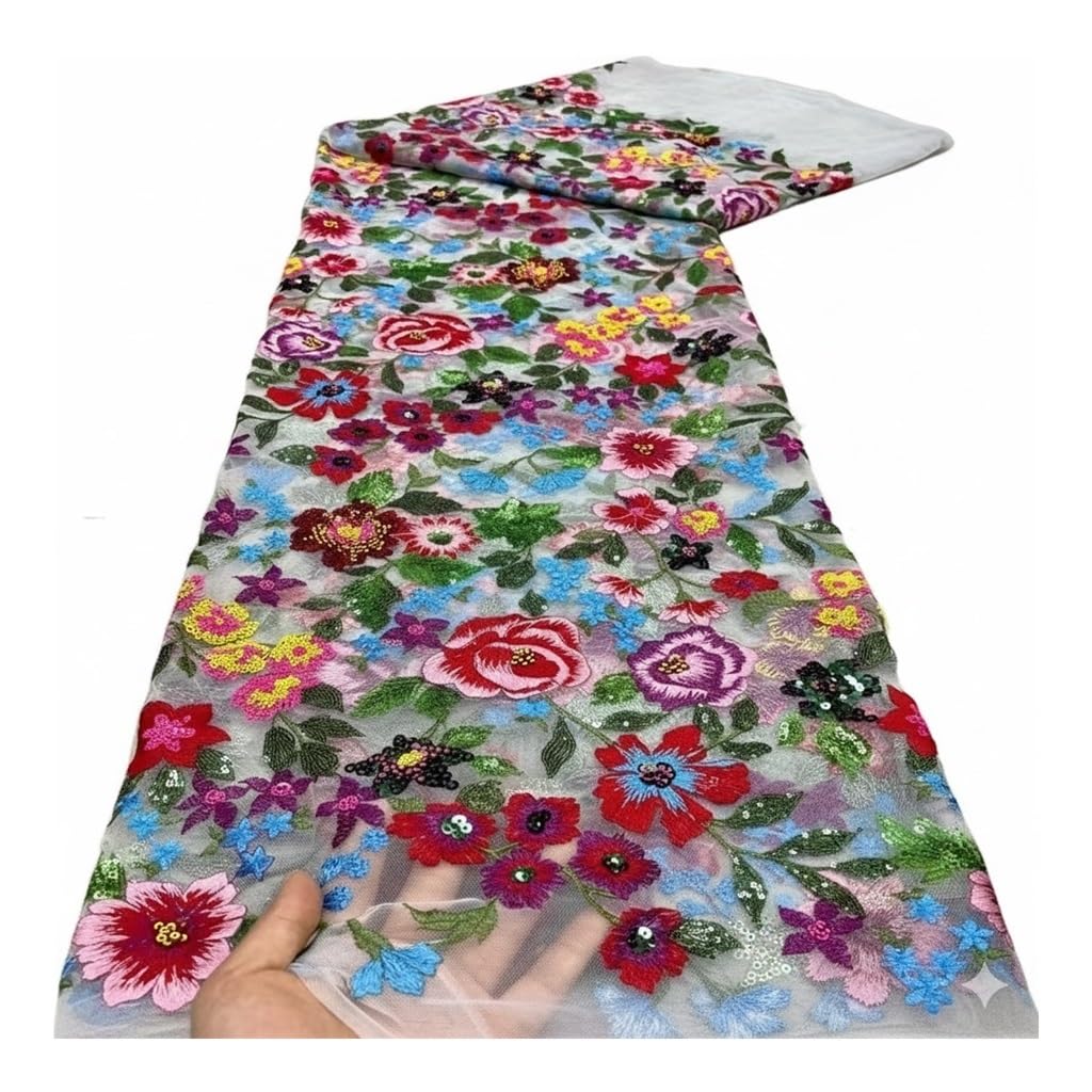 5 jardów kolorowa, kwiatowa haftowana koronkowa tkanina cekinowa siatka na suknię ślubną DIY(White)