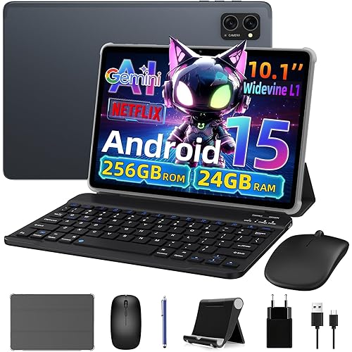 Tablet 10 Inch Android 15, Android Tablet with Pen and Keyboard, Gemini Ai 2.0, 24GB +256GB/2TB, 8MP AI Camera, Widevine L1, Fast Charge, 2 in 1 with Mouse and Stand, 2 Year Warranty