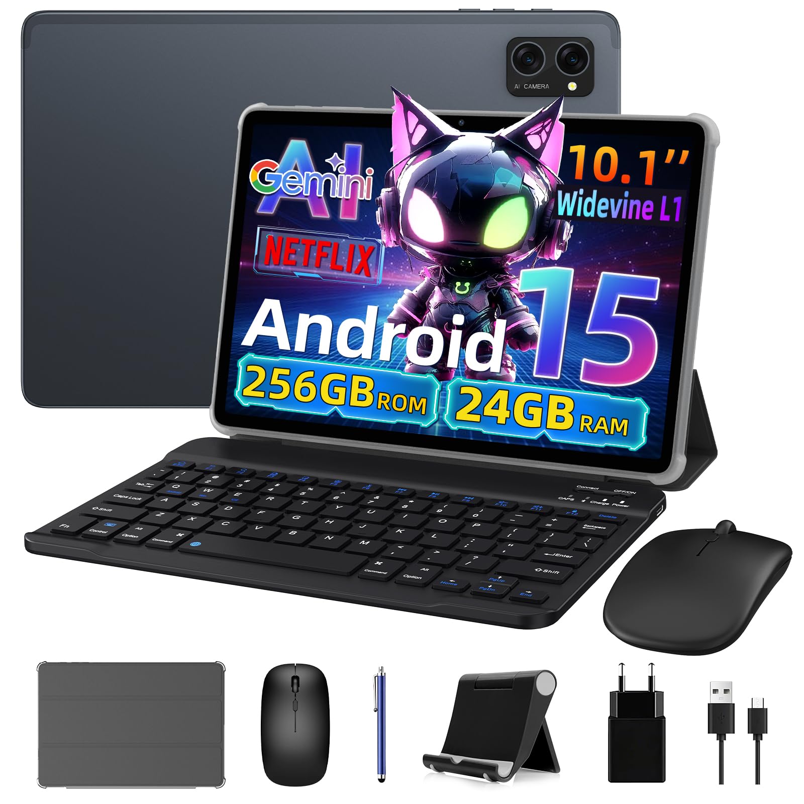 Tablet 10 Inch Android 15, Android Tablet with Gemini Ai 2.0, 24GB +256GB/2TB, 8MP AI Camera, Widevine L1, Fast Charge, 2 in 1 Tablets, T606 Octa-Core 8MP Camera, 2 Year Warranty