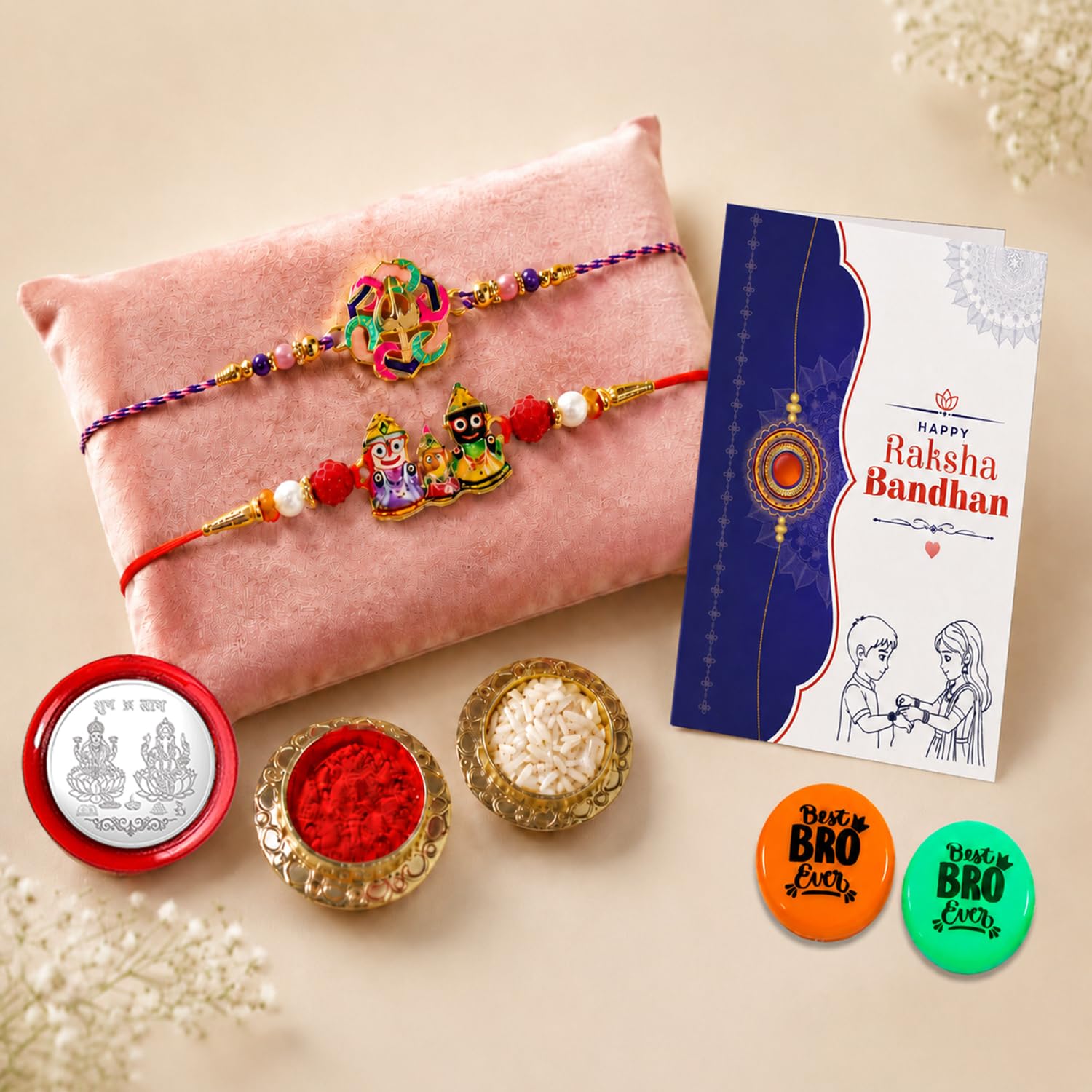 Oblivion Shiva Trishul, Lord Jagannath Multicolor Rakhi Combo with Multicolour Decorative Magnets 2pcs, Roli Chawal, Silver Color Coin & Greeting Card |new Rakhi Collection | Fancy Rakhi |Pack of 7|-image-11