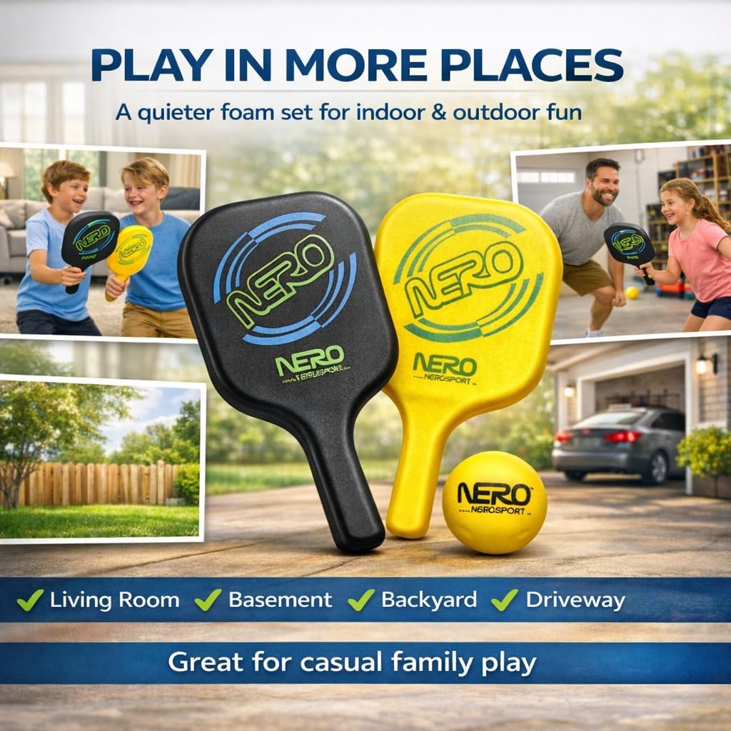Nero Sport Silent Ninja Pickleball Set, Quiet Foam Paddles and Ball for Indoor & Outdoor Play, Low-Noise Family Pickleball Set for Kids and Beginners, 2 Paddles + 1 Ball