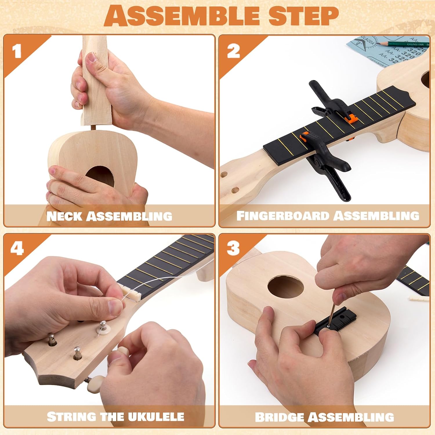 Kmise DIY Ukulele Kit, Basswood 21'' Soprano Ukulele, Build Your Own Uke from Scratch and Enjoy Hands-On Fun, Full Accessories, Ideal for Family Activities, Group Crafts, and Fun with Friends (20)