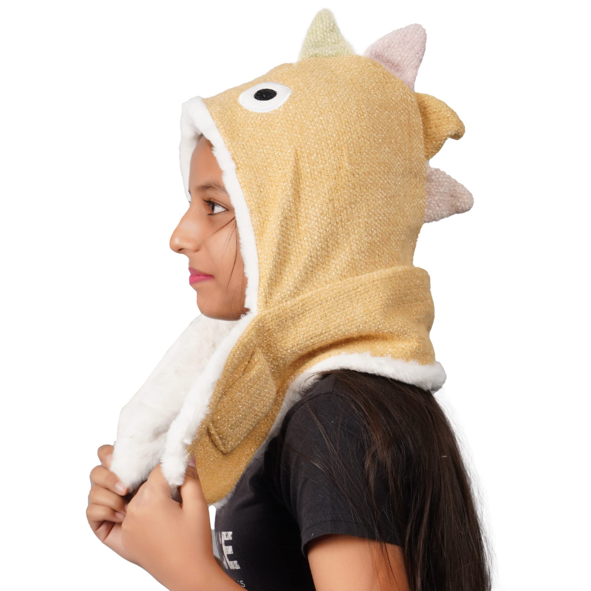 R&d Girl's & Boy's Winter Warm Faux Fur Dragon Animal Balaclava Hat Full Cover Earflap Hood Cap Unisex Kids Yellow Cap (Age 8-14 Yrs)