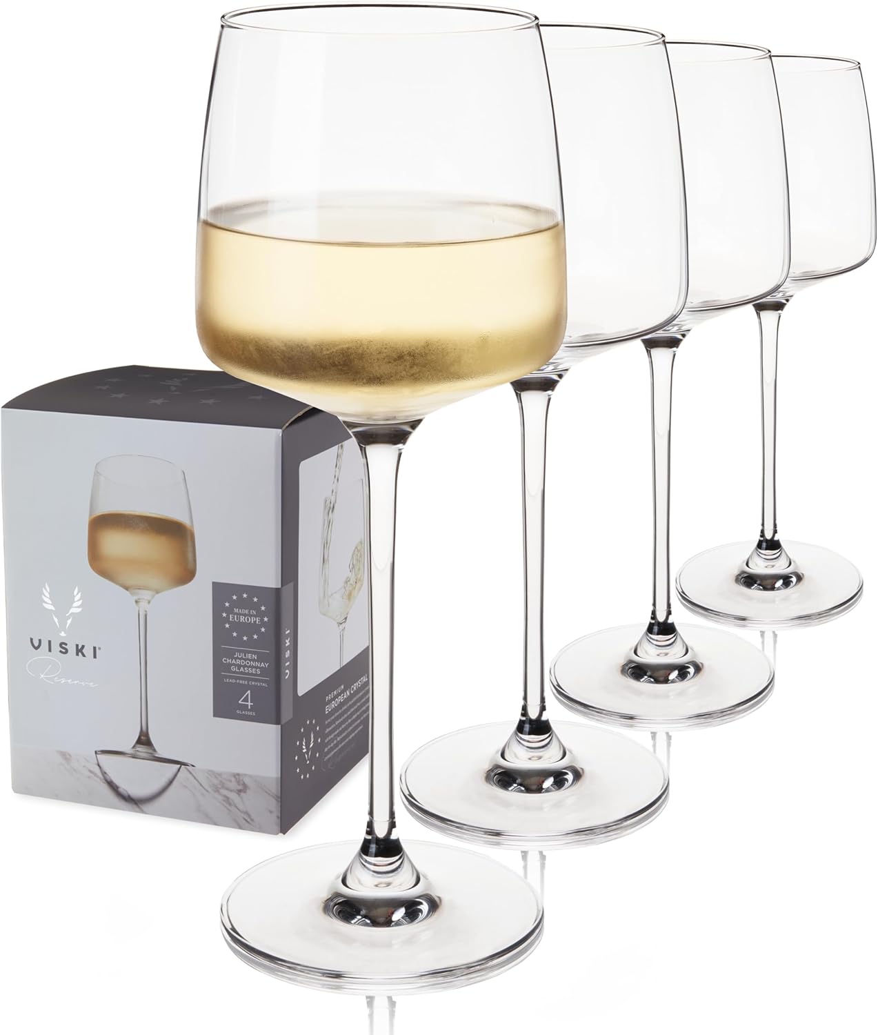 Viski Reserve Julien Crystal Chardonnay Glasses, Modern Angled Bowl White Wine Glasses, Elegant Glassware for Wedding Gifts, Anniversary, Birthday Gifts, Home Bar Essentials, 16 oz, Set of 4