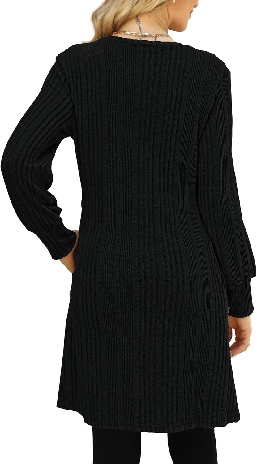 Kikibell Women's Knit Dress Long Sleeve Casual Crew Neck Tunic Dresses with Pockets Button Side Fall Winter Trendy Outfits - Image 9