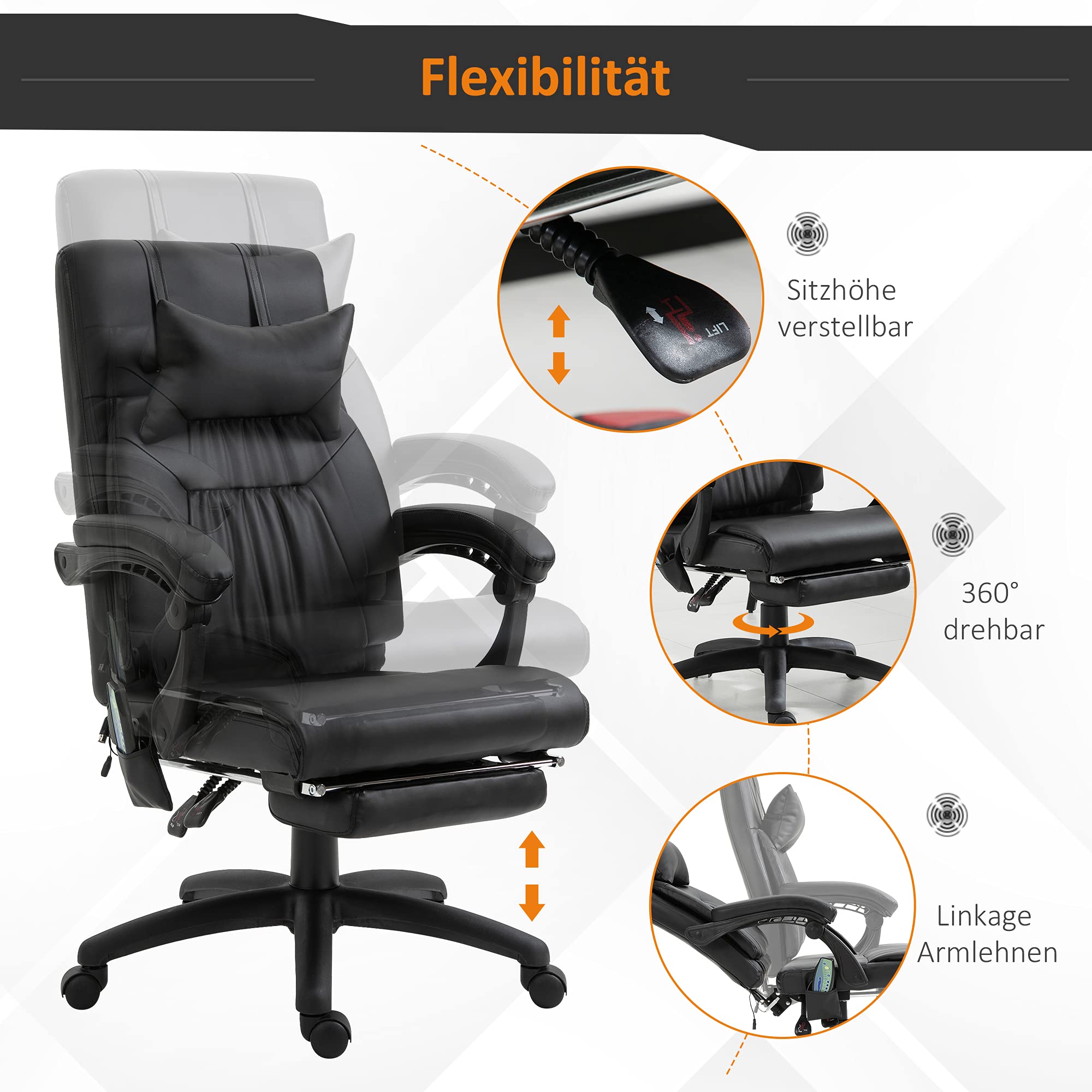 Vinsetto Massagesessel mit Massagefunktion Schwarz 68 x 79 x 104-112 cm