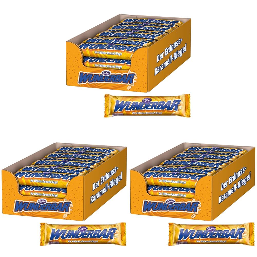 WUNDERBAR Peanut 24 x 49g, Einzeln verpackte Erdnuss-Karamell-Riegel mit knackigen Erdnusstückchen (Packung mit 3)