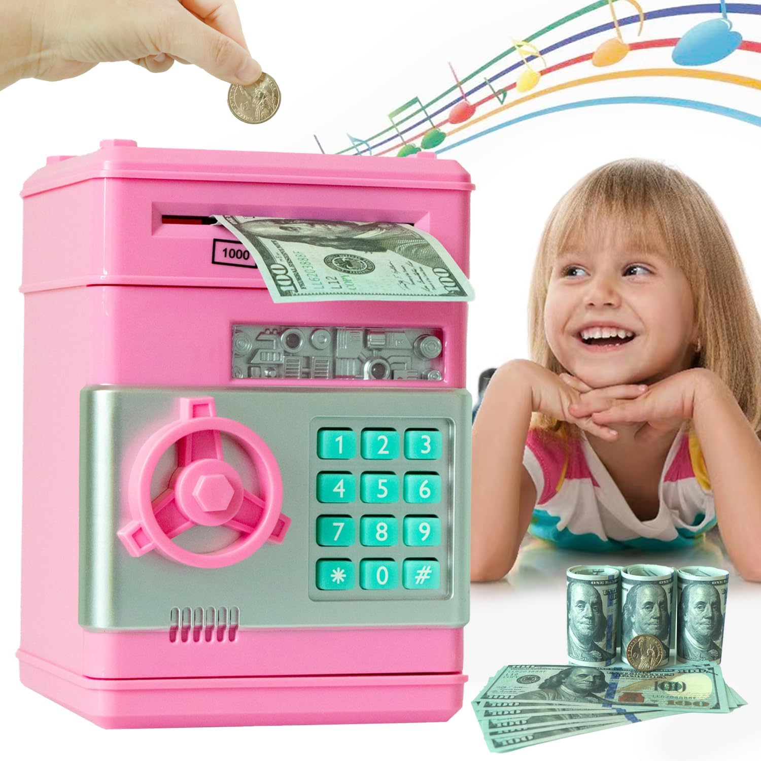 Piggy Bank for Kids Aged 6-10, Electronic Money Bank with Password, Saving Box ATM, Birthday Toys (Pink)