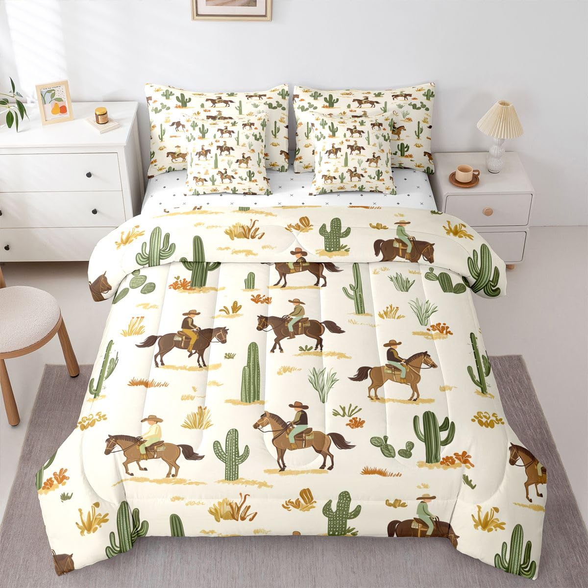 Feelyou Western Cowboy Comforter Set with Sheets 7 Piece Full Horse Cactus Print Bed in a Bag Boys Girls Southwest Style Bedding Set Rodeo Theme Room Decor Vintage Western Pattern Breathable Soft
