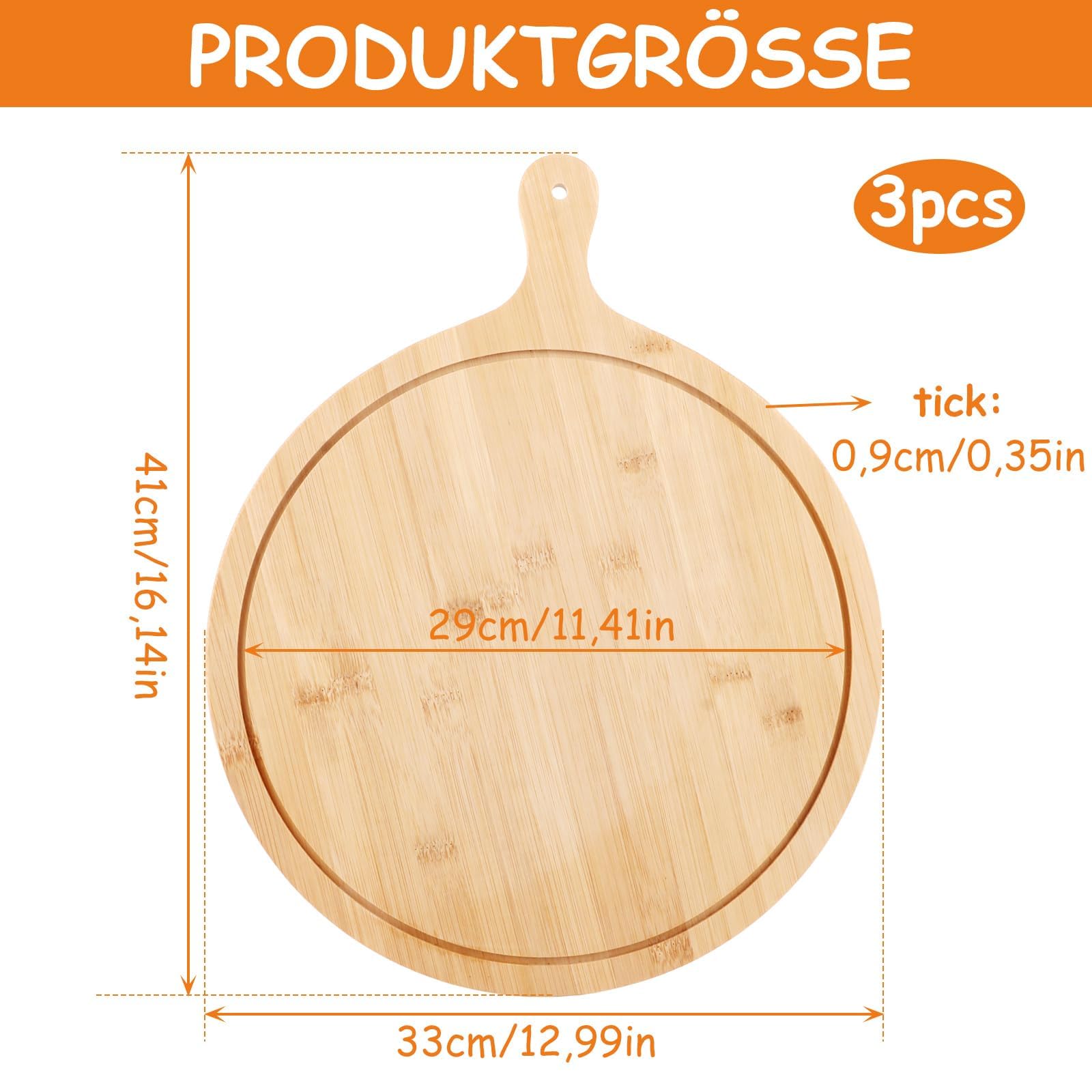 Lot de 3 Planche a Pizza en Bambou 33 cm, Plateau Pizza Rond avec Poignée Intégrée, Assiette Pizza en Bois Naturel pour Découpe, Service et Fromage