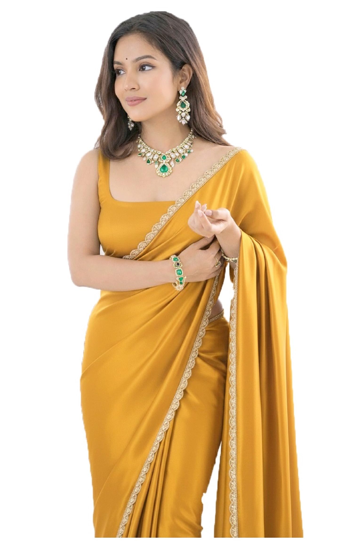 Ready To Wear Readymade Stitched Saree For Women Pre Pleated Satin Silk Lightweight Easy Drape With Unstitched Blouse (Yellow)-image-43