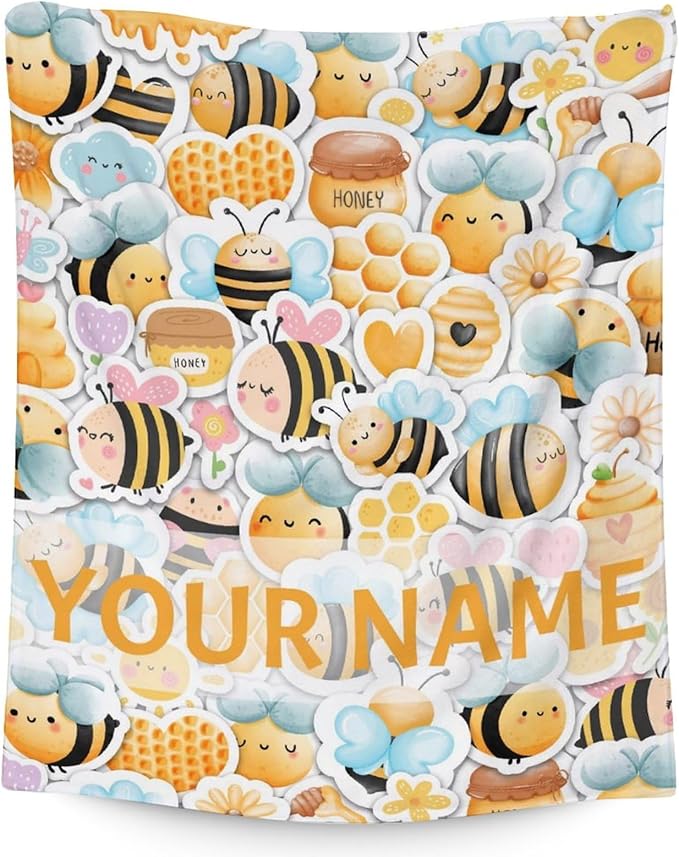 Personalized Bee Blanket Gifts, 40"x50" Cute Throw for Women Girls, Soft Cozy Warm Flannel Blanket for Sofa Bed