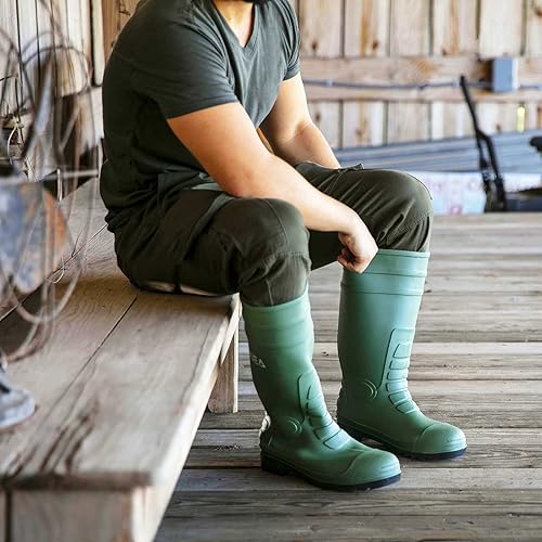 Miniatura 5 de HISEA Botas de lluvia con punta de acero para hombre, botas de goma de PVC, botas de trabajo impermeables para pesca en jardín, botas de trabajo al