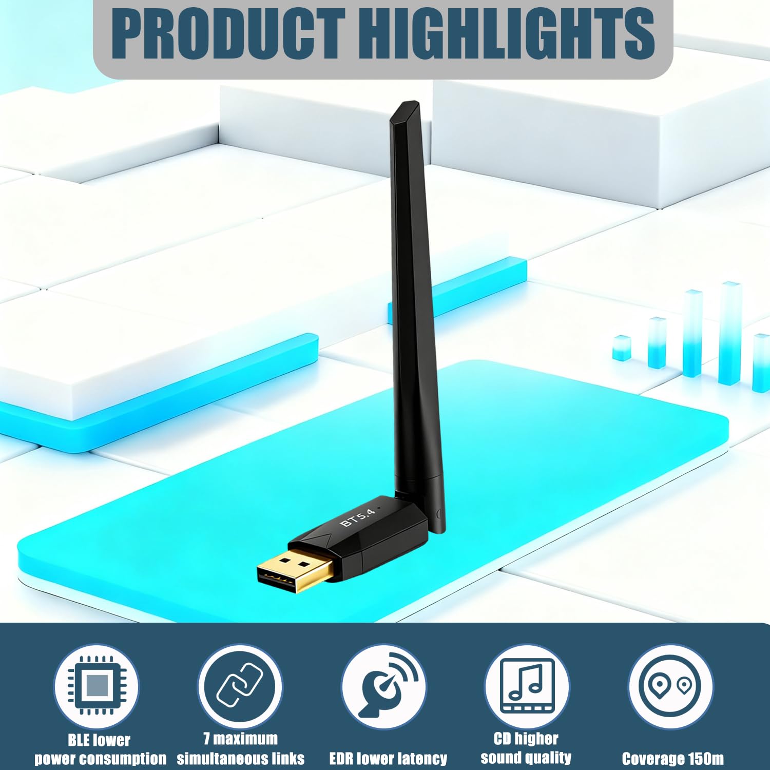 Clé USB Bluetooth 5.4 pour PC, Portée 150 Mètres, Compatible Windows 11/10/8.1, 7 Appareils