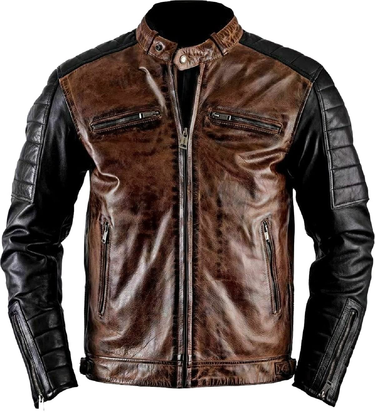 Blouson en Cuir, Veste de Moto Vintage en Cuir Marron Vieilli pour Homme