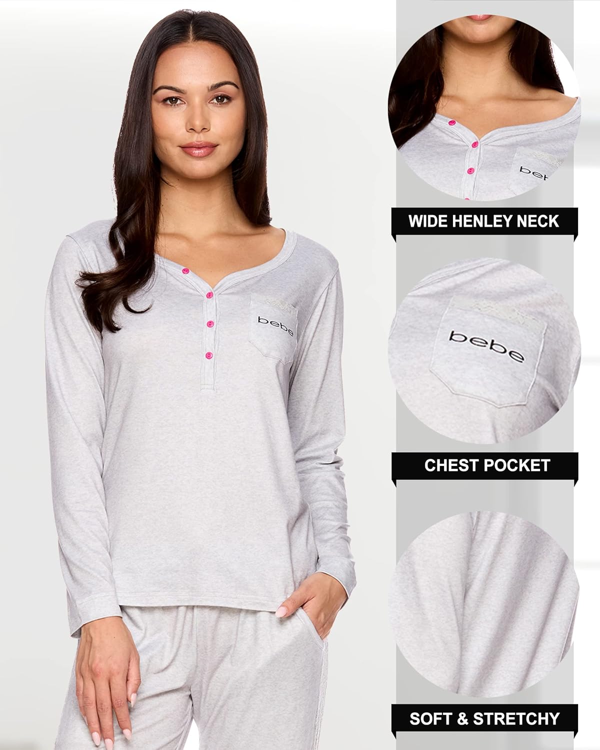 bebe Womens Pajama Set with Pockets - Long Sleeve Shirt and Pajama Pants Pj Set - Image 3