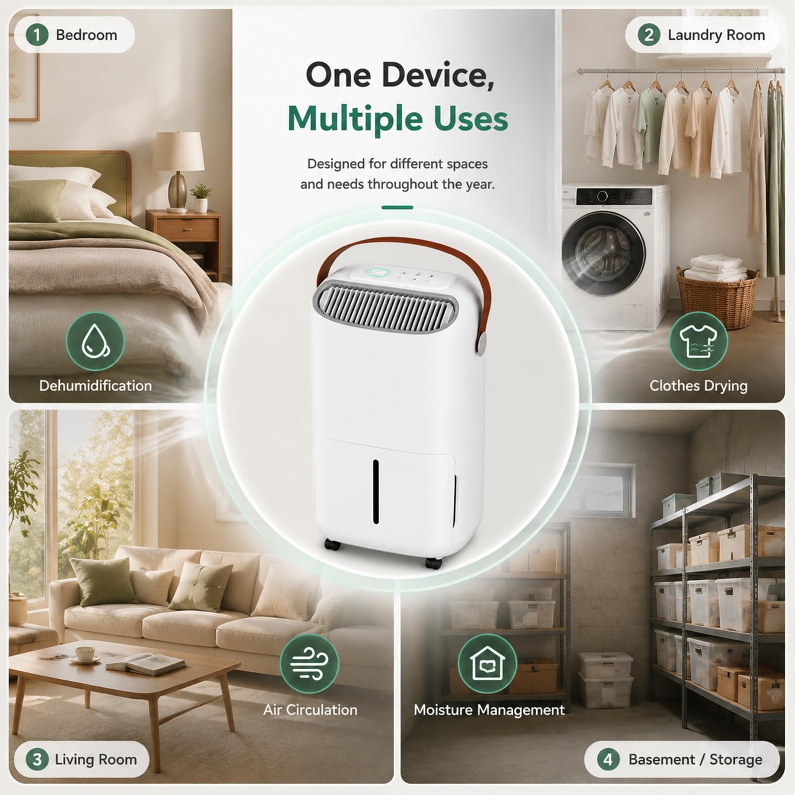 Deshumidificador de 12 L/día, para sótanos, hogares y baños | Control inteligente de humedad, panel de control táctil, temporizador de 24 horas, ruedas universales de 360° y asa