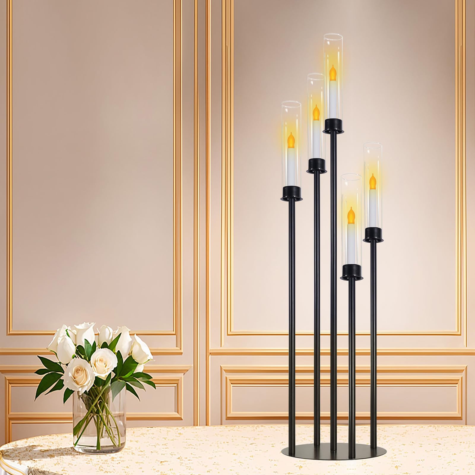 Candelabro nero con cilindri di vetro per candele vere a 5 teste, in metallo, centrotavola per matrimoni, cerimonie, ricevimenti, eventi, feste, decorazione per la casa (1, L)