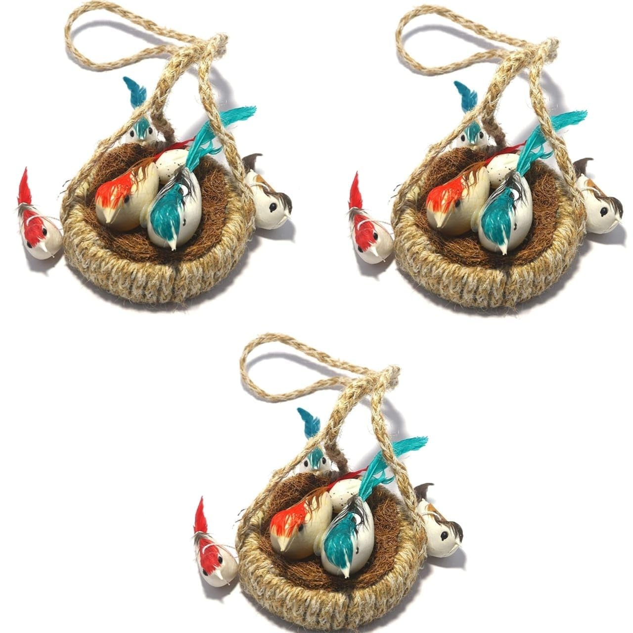 NOVITASH® (Set of 3) Birds Ghosla Artificial Jute Hanging Birds with Hanging Nest, Jhumar Showpiece, Chidiyan ka Ghosla for Home & Garden Décor-image-2
