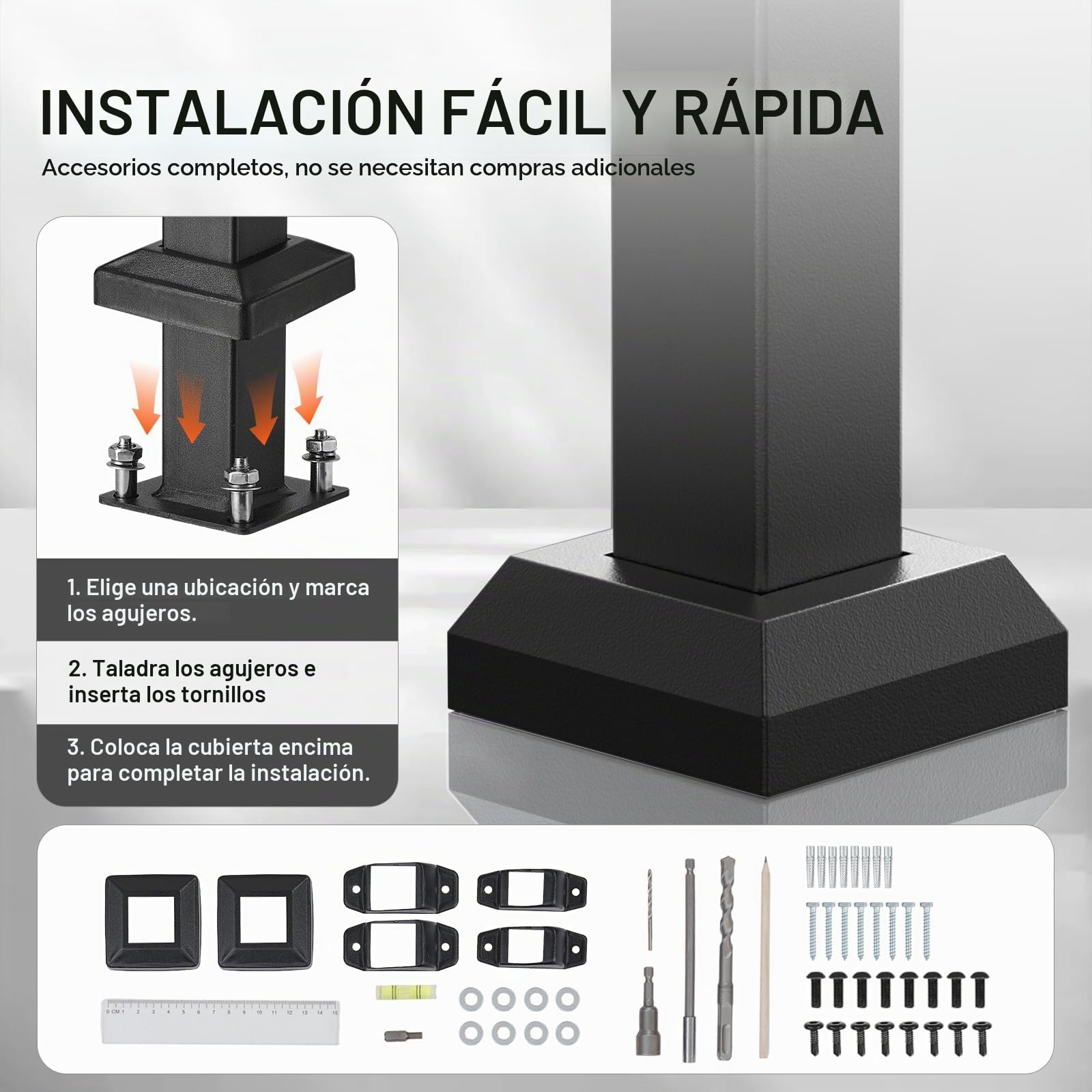 VEVOR Barandilla de Escalera para Pasamanos de Escalera de 2-3 Escalones con Kit de Instalación Tubo Cuadrado de Acero al Carbono para Personas Mayores, Escalones de Concreto, Porche, Patio, Negro