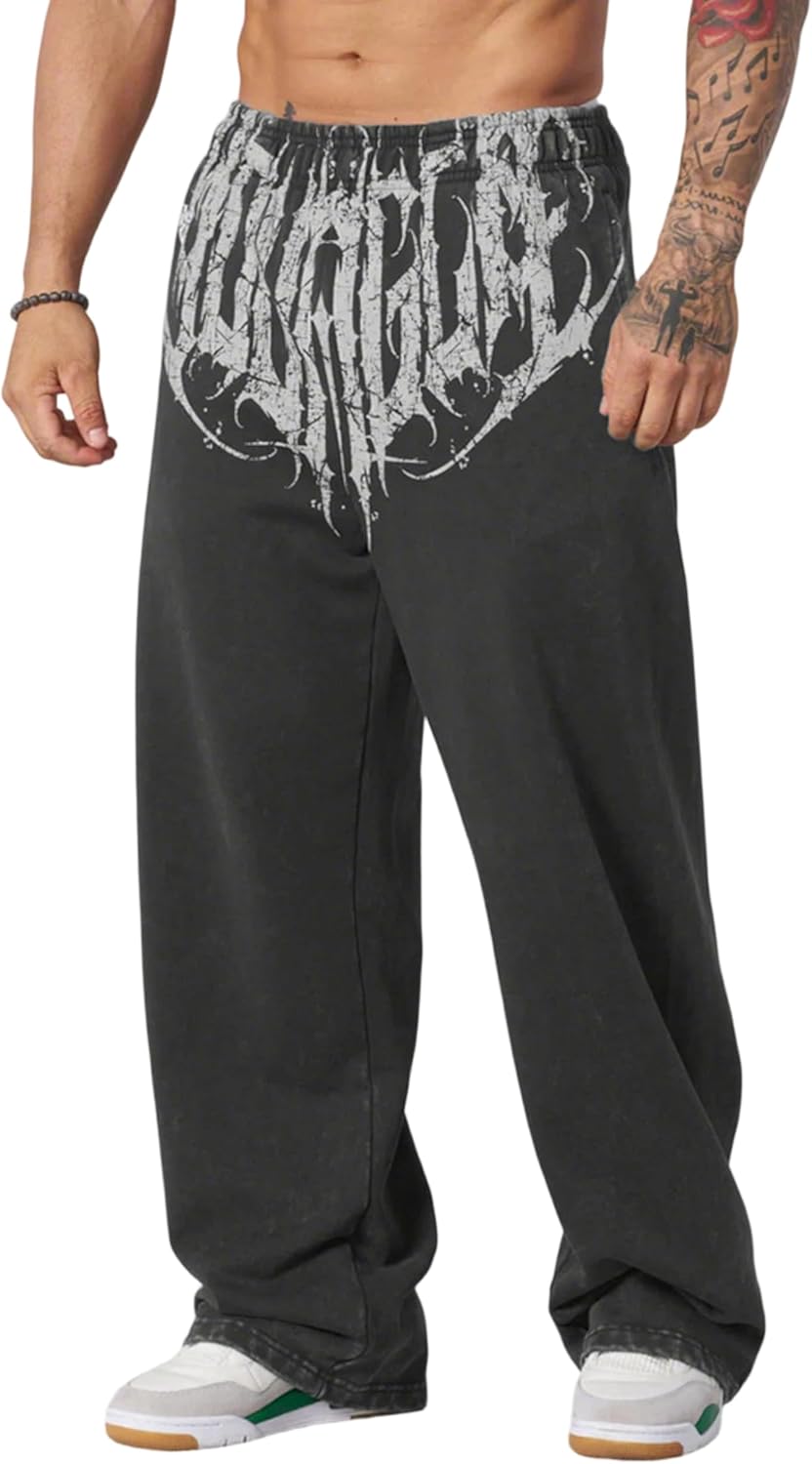 Men's Vintage Wash Graphic Sweatpants Baggy Straight Leg Joggers with Pockets Cotton Stretch Gym Streetwear Pants