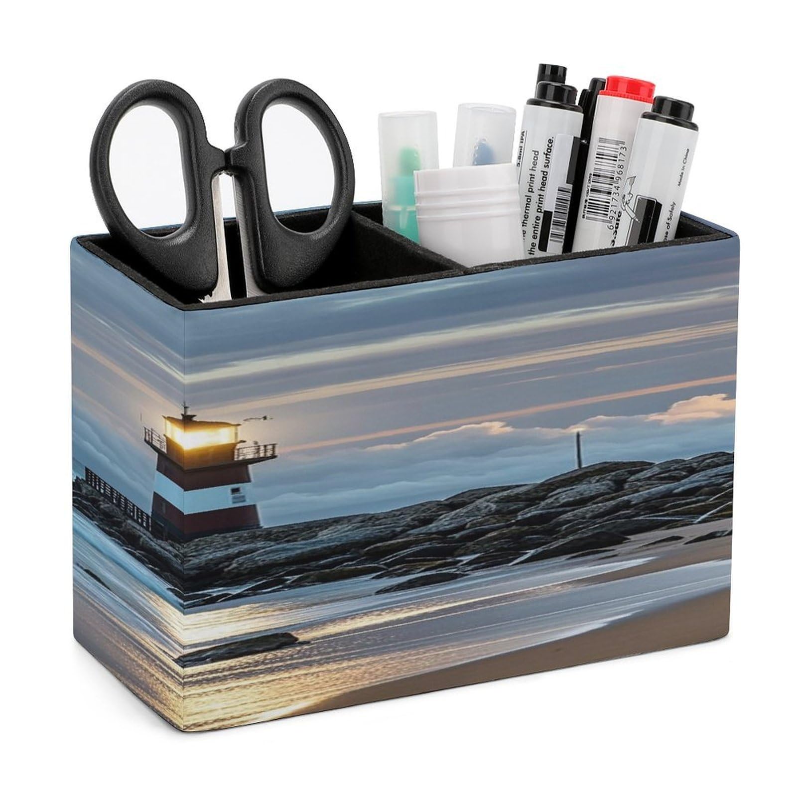 FekiLoot Sea Lighthouse Pen Holders for Desk Small Remote Control Holder Leather Pencil Cup with Double Compartments Desktop Organizer for Table Desk Office Space Saving