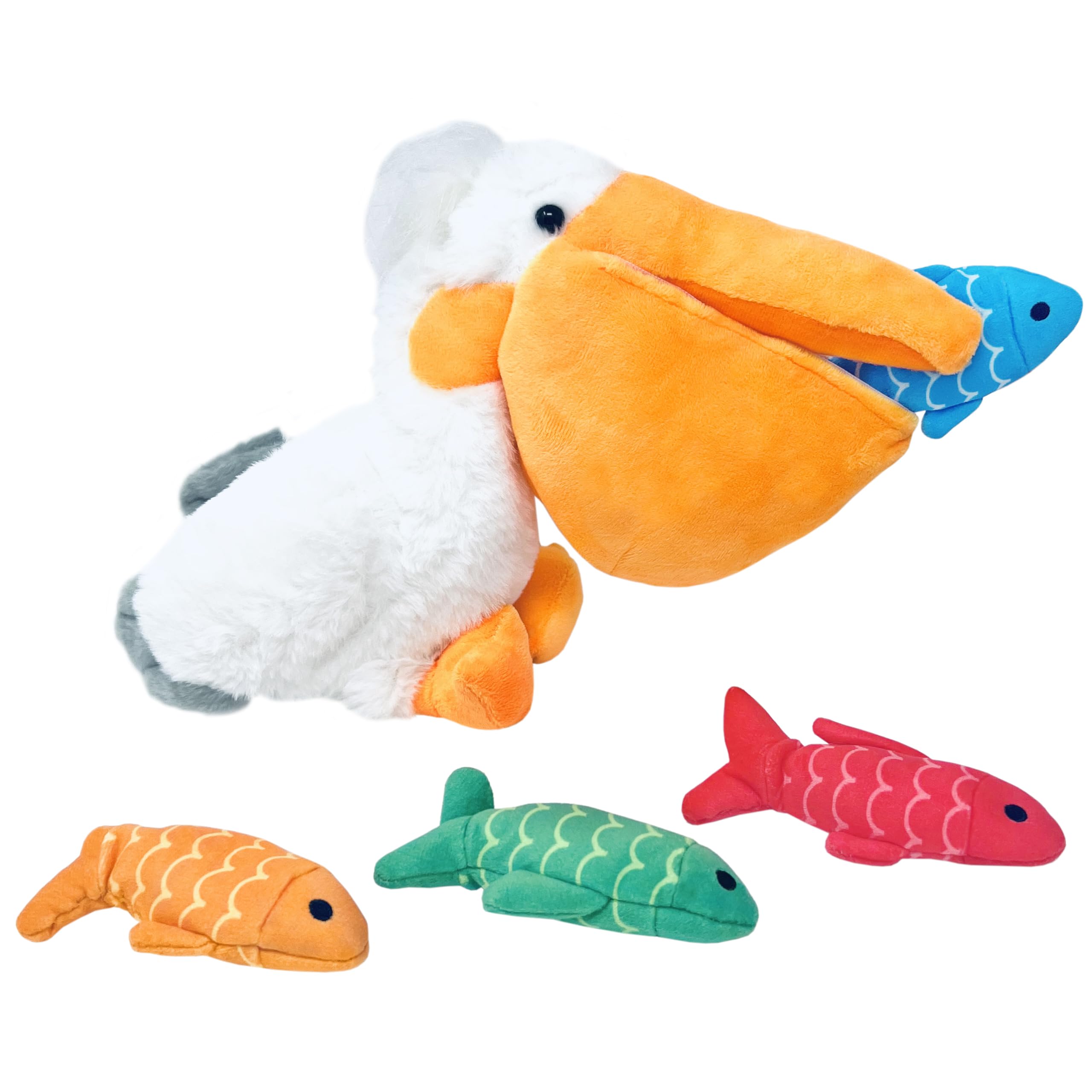 Off the Wall Toys Charlie & LEW Interaktives Pelikan und Fisch-Verstecken – Quietsch-Spaß für kleine Hunderassen und Katzen, langlebig und ansprechend, Spaß und leuchtende Farben