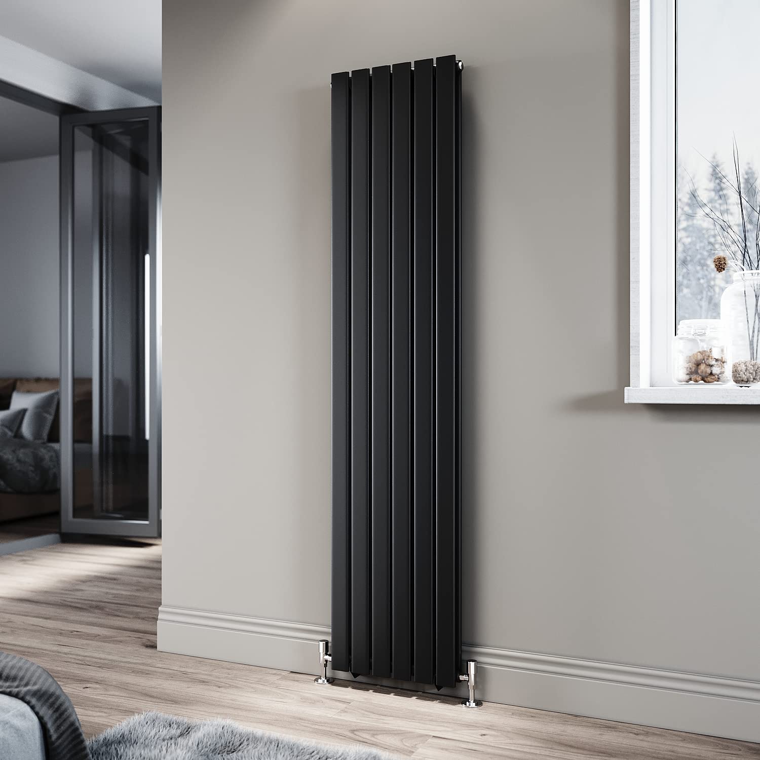 ELEGANT Black Double Panel Radiator 1800 x 408 mm Modern Flat Panel Column Designer Radiator Slim Radiator Tall Upright Central Heating Rad โ image 1