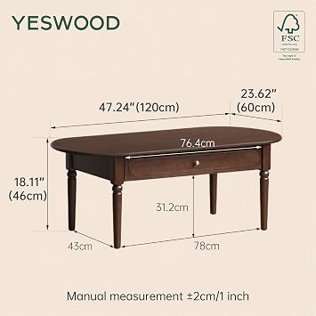 YESWOOD Solid Wood Coffee Table with Drawer, Retro Coffee Table with Vintage Detailings, Large Rectangular Living Room Table,100% Solid Wood Coffee Tables for Home Office (Poplar, Walnut Finish)