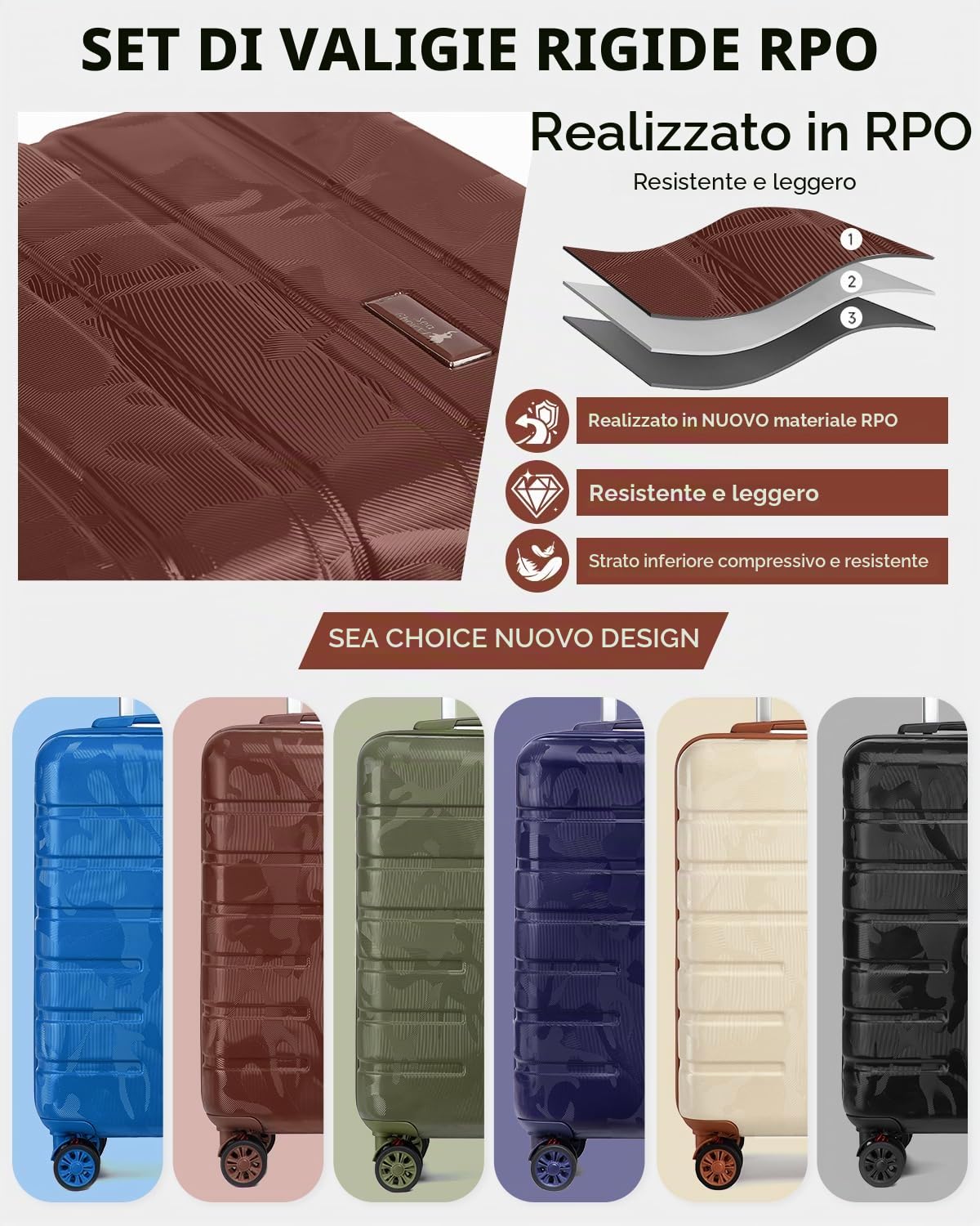 Sea choice Set Valigie 3 Rigide Espandibili 100% RPO Set Trolley Policarbonato Ultra Leggera Valigia con Chiusura TSA e 4 Ruote, camuffamento