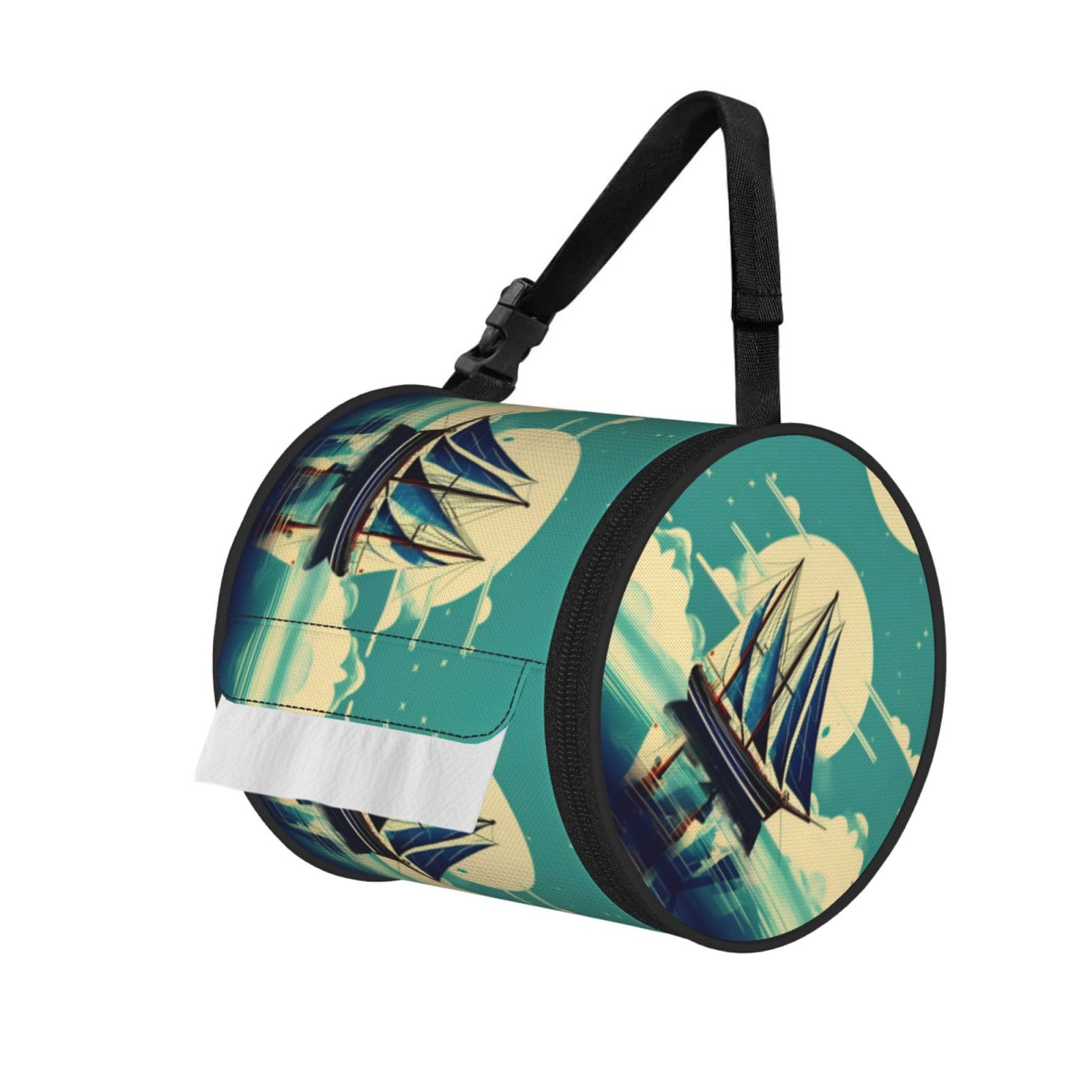 Jiuty Black Sailboat Ship Landscape Print Cylinder Tissue Organizer Bag With Strap, Portable Toilet Roll Holder For Camping Car