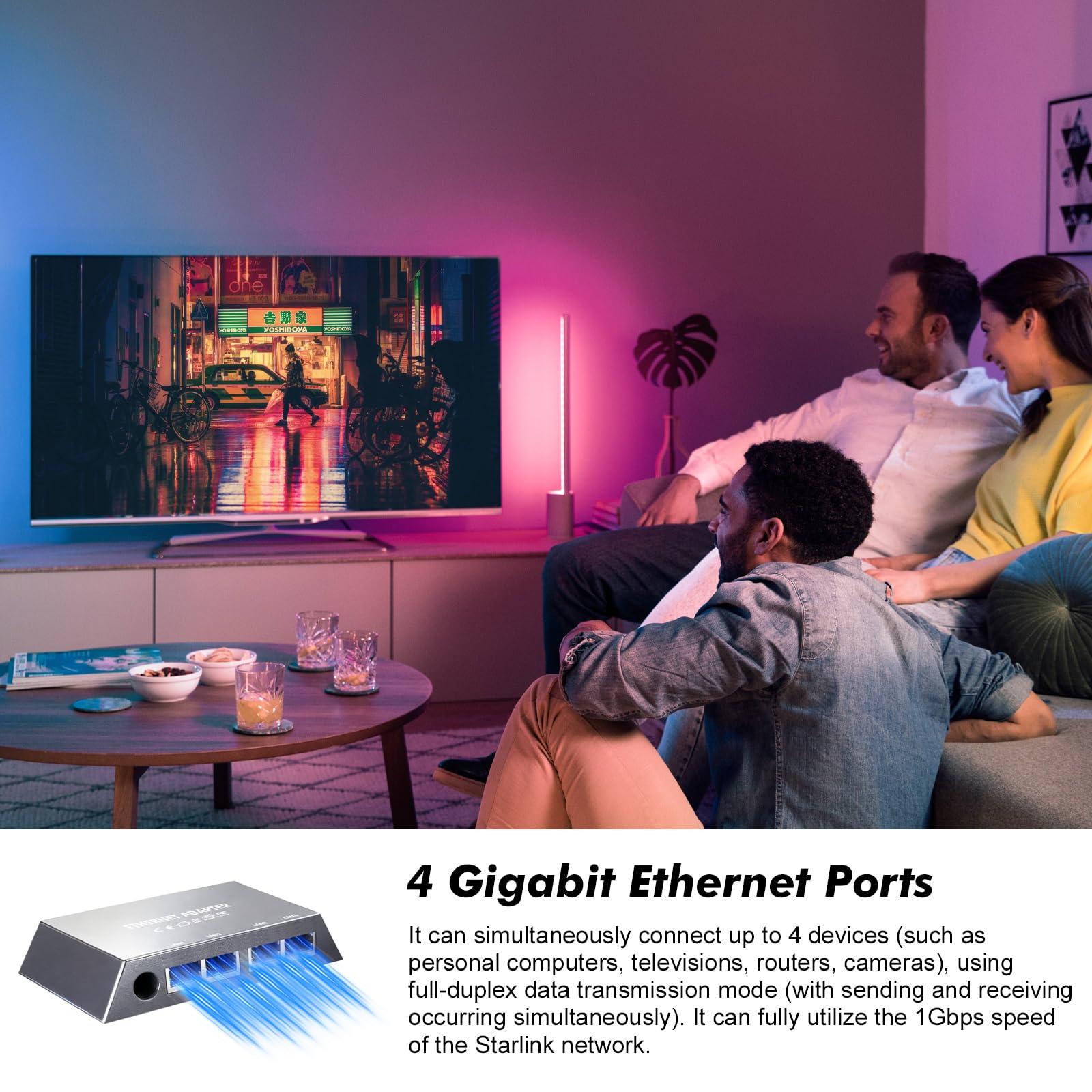 Adapter Ethernet do Starlink Gen 3/Mini, 4-portowy RJ45 rozgałęźnik sieci LAN Gigabit LAN, adapter Starlink Ethernet rozdzielacz LAN do przewodowych sieci zewnętrznych, 4 urządzenia jednocześnie