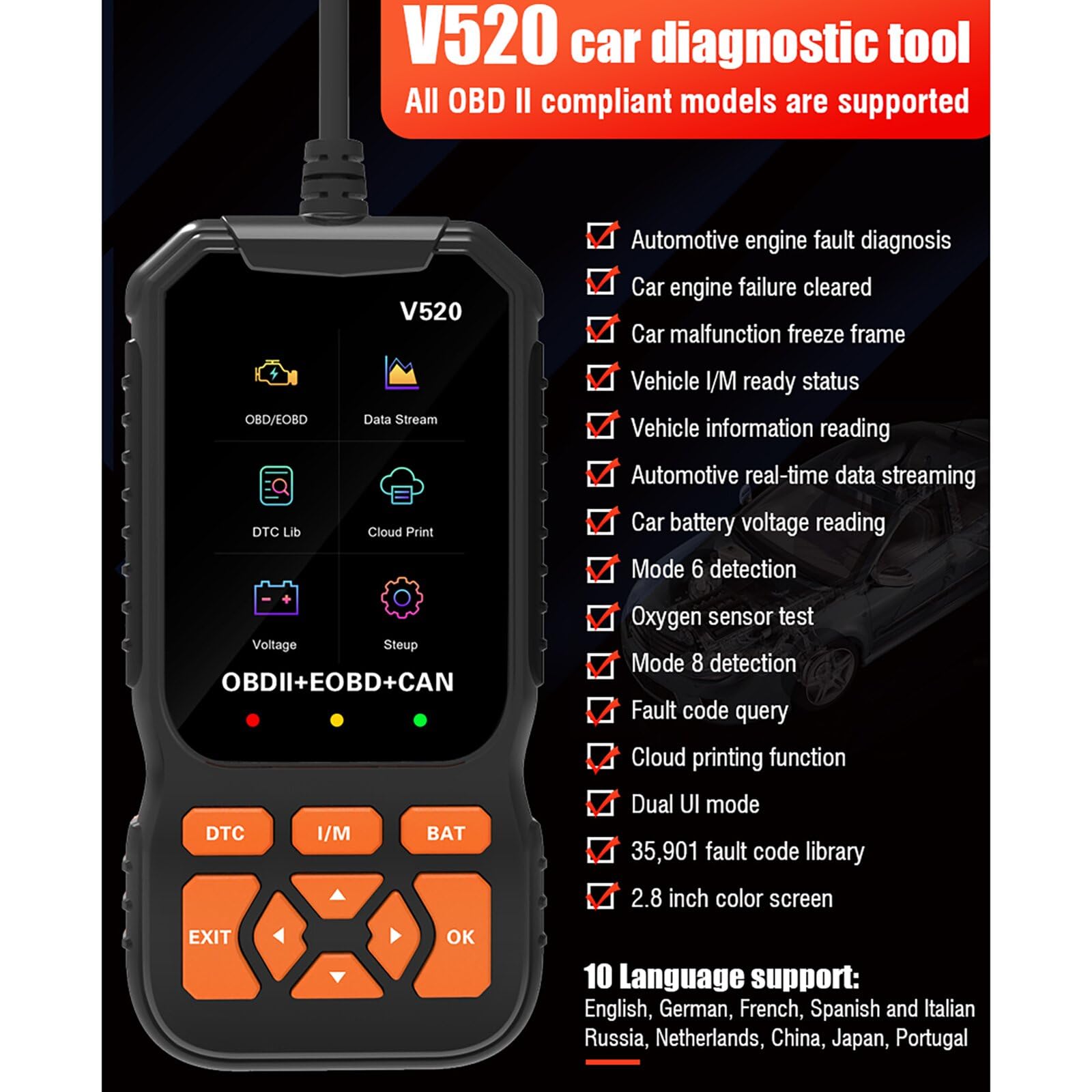 Narzędzie diagnostyczne OBD2 do wszystkich samochodów zgodnych z OBDII