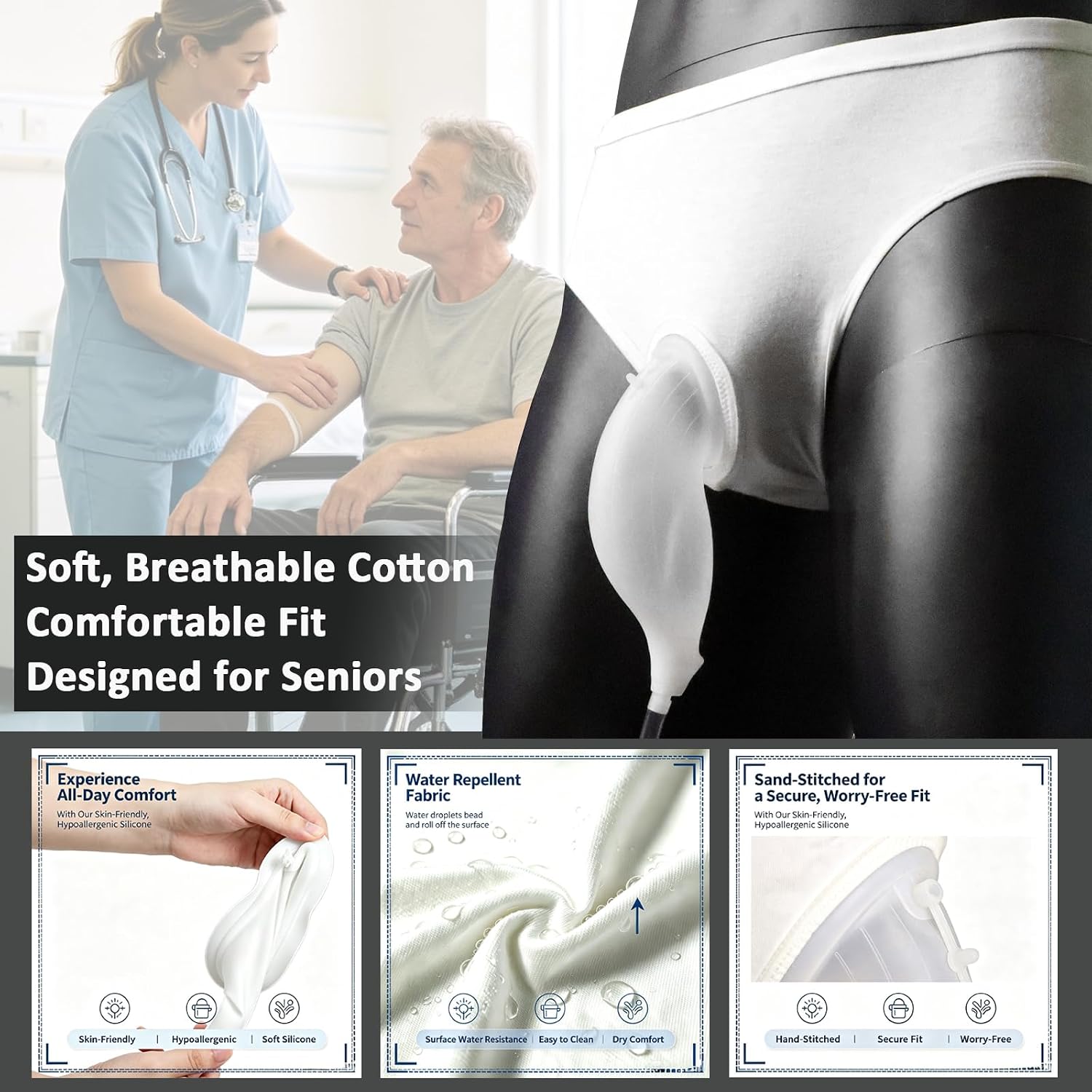 Urine Collection Bag Men's Portable Urinal Reusable Silicone Breathable Cotton Catheter Bags Standing Use (Men-White-M)