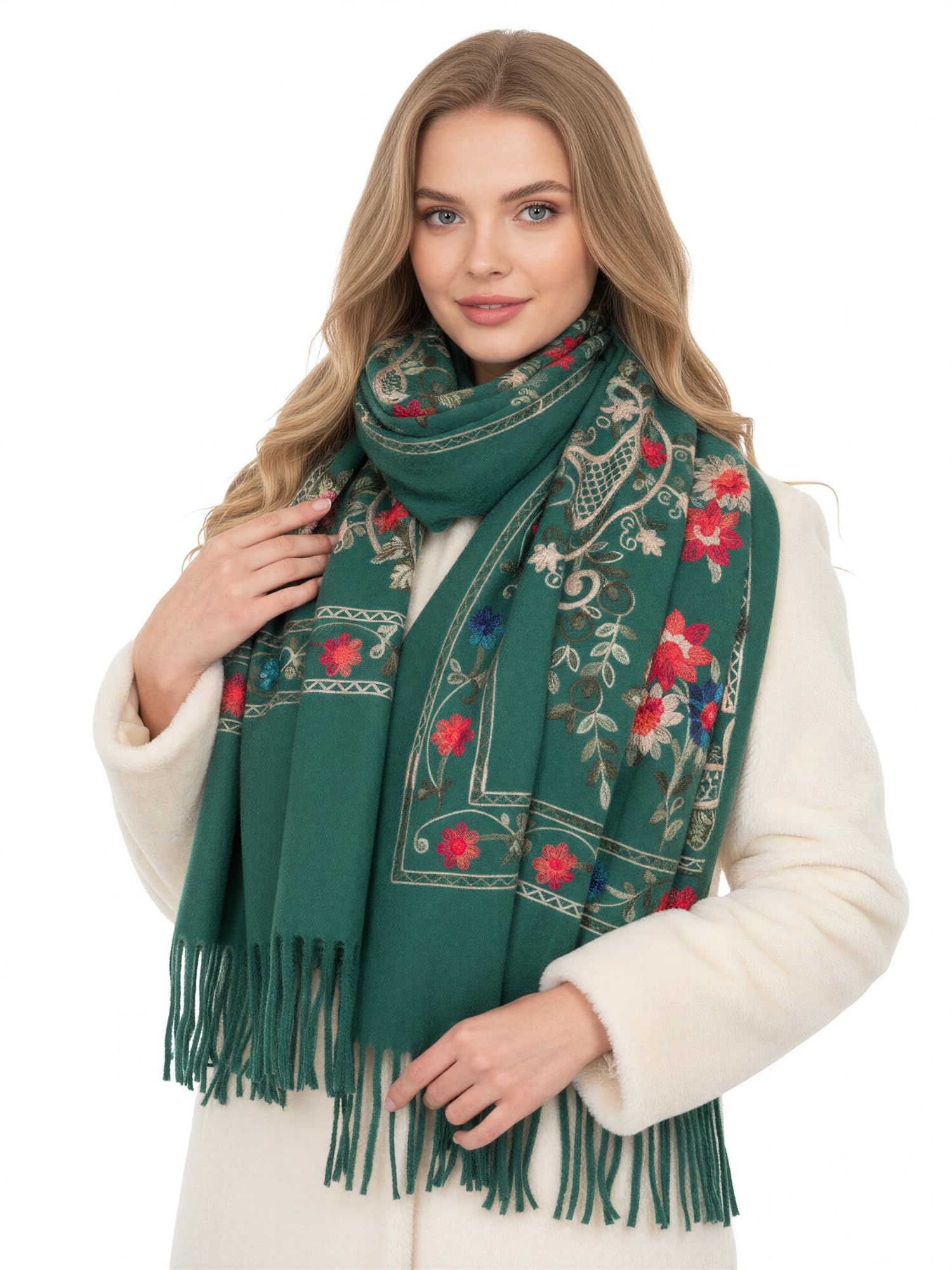 Women Pashmina Scarf Shawl Wrap, Large Long Paisley Floral Rainbow Ladies Scarves, Wearable Winter Blanket Scarfs, Indian Shawl Wedding Evening Stole, Cashmere & Cotton (Green Rainbow Floral)