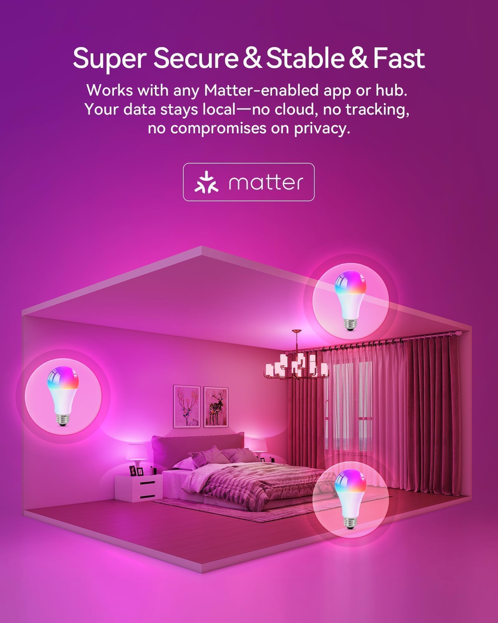 Matter Smart Light Bulbs, Color Changing Light Bulb for Halloween, hub Required,A19 60W,2.4Ghz WiFi only,Compatible with Alexa Google Assistant, Apple Home,16 Million Colors RGBCW,1 Pack