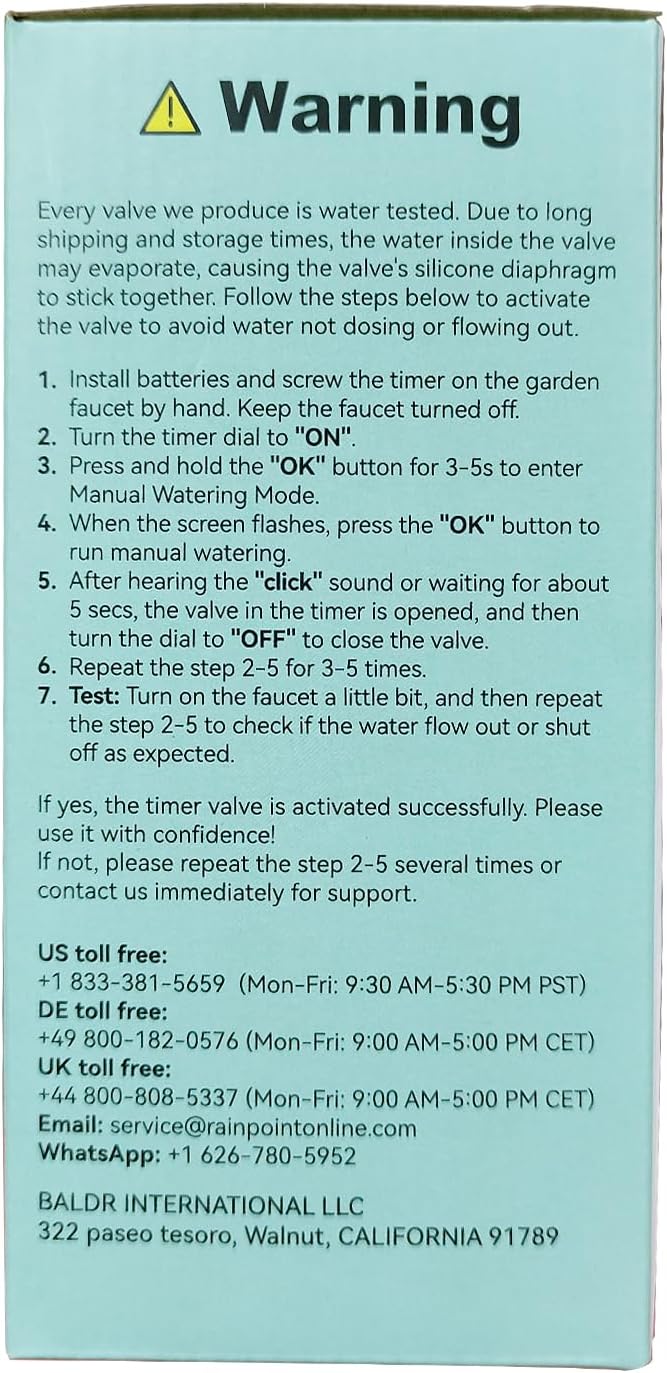 Warning label with instructions for activating the water timer valve for first use