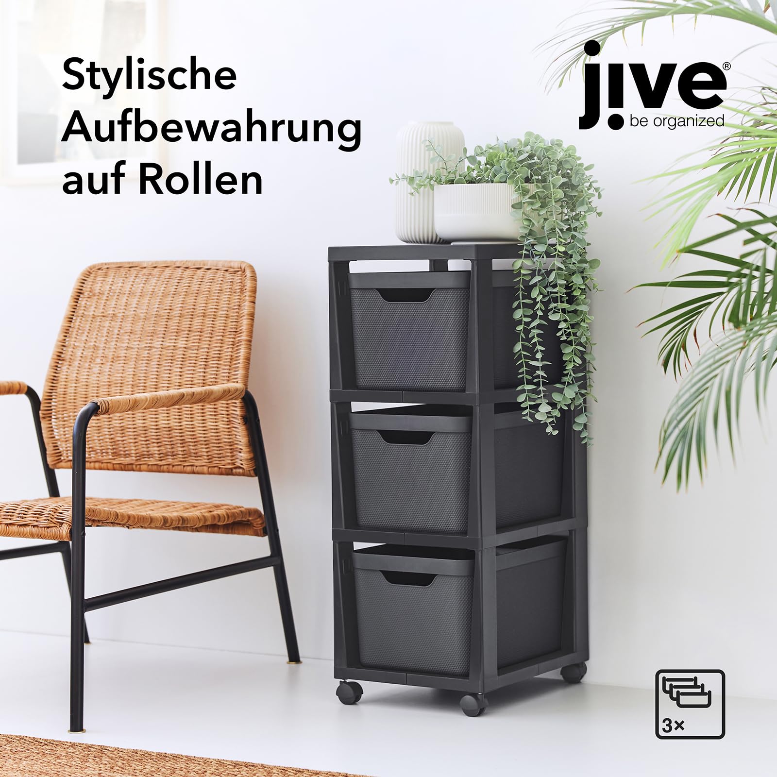 Rotho Jive Schubladenbox Rollcontainer mit 3 Schubladenboxen 16 L Schwarz | Büro Organizer Mit 3 Schubladen, Mobiler Rollwagen, Schubladenturm Für Schreibtisch Und Lego Aufbewahrung Mit Kunststoffboxen