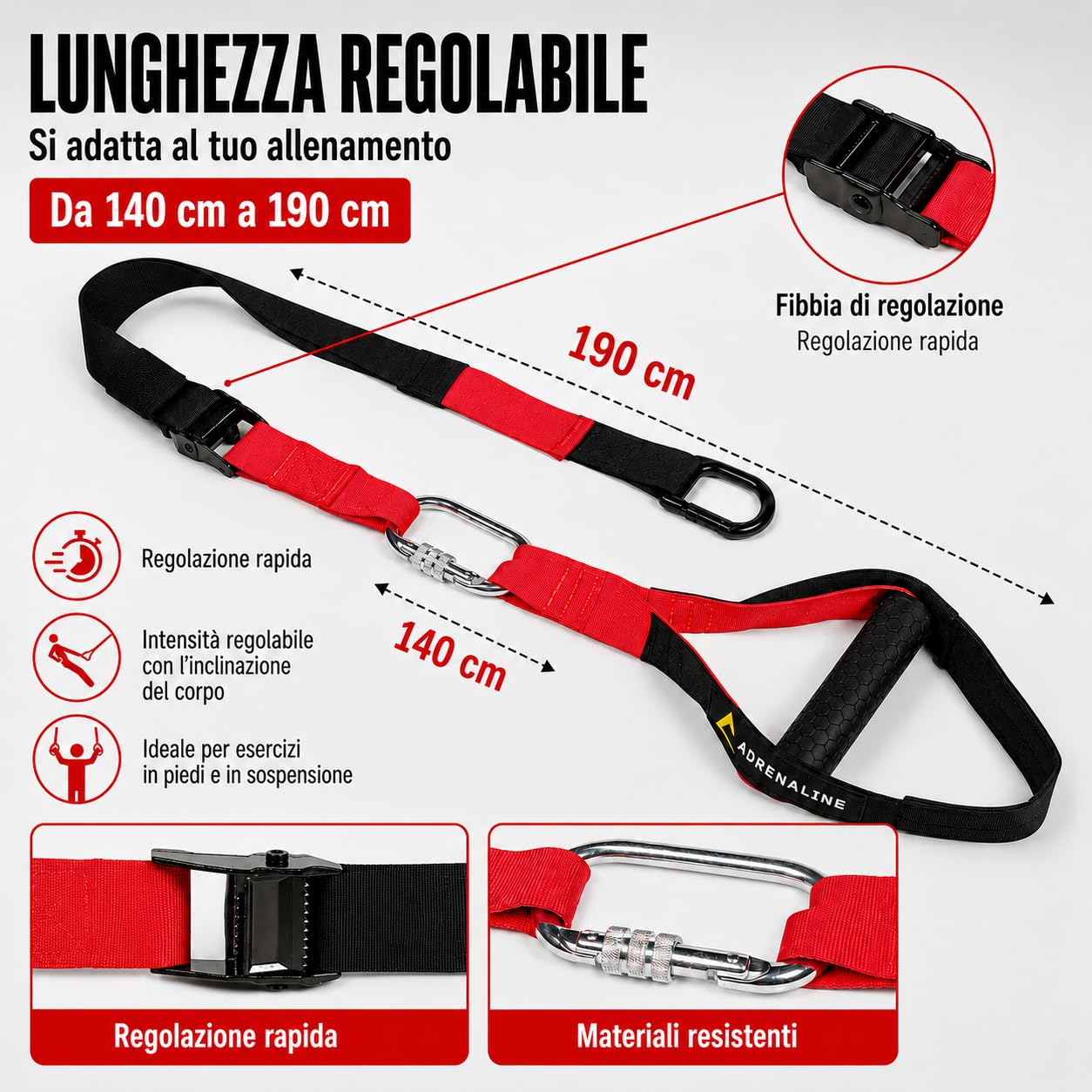 Suspension Trainer Adrenaline per Allenamento in Sospensione, Cinghie Regolabili 140-190 cm con Door Anchor, Supporto a Muro e Sacca, Attrezzo Fitness per Corpo Libero, Home Gym e Functional Training