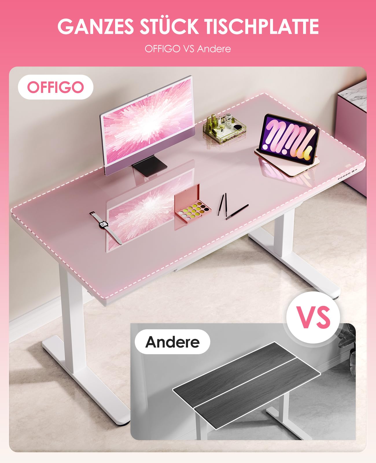 OffiGo Glas Höhenverstellbarer Schreibtisch, 140 x 60 cm Elektrischer Schreibtisch mit Schublade, Ganze Tischplatte mit USB und Type-C, Standing Desk, Steh-Sitz Glastisch für Home Office Büro, Rosa