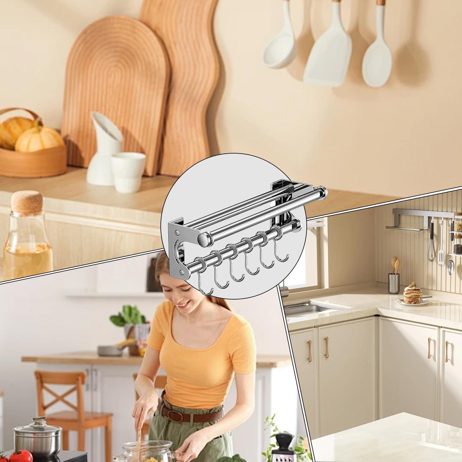 OKEPOO Wandgemonteerde gebruiksvoorwerpenhouder, roestvrij staal 50,8 cm haak bar gebruiksvoorwerpen met 10 stuks geruisloze schuifhaken, lepelrek hanger bar tool organizer voor keuken (zwart