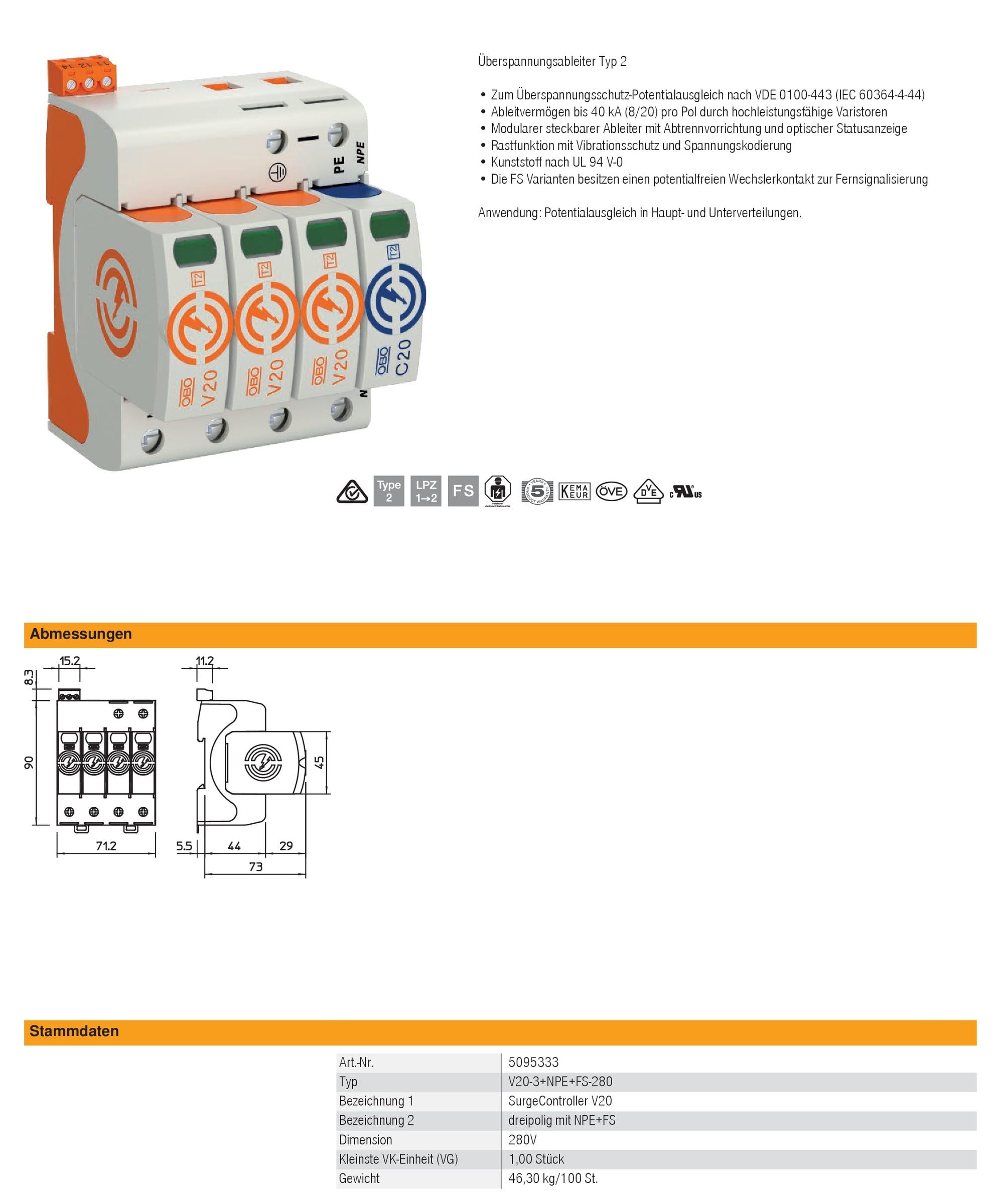 OBO V20-3+NPE+FS-280 SurgeController V20 - Descargador de sobretensiones (3 pines, NPE y FS, 280 V, tipo 2, 5095333)
