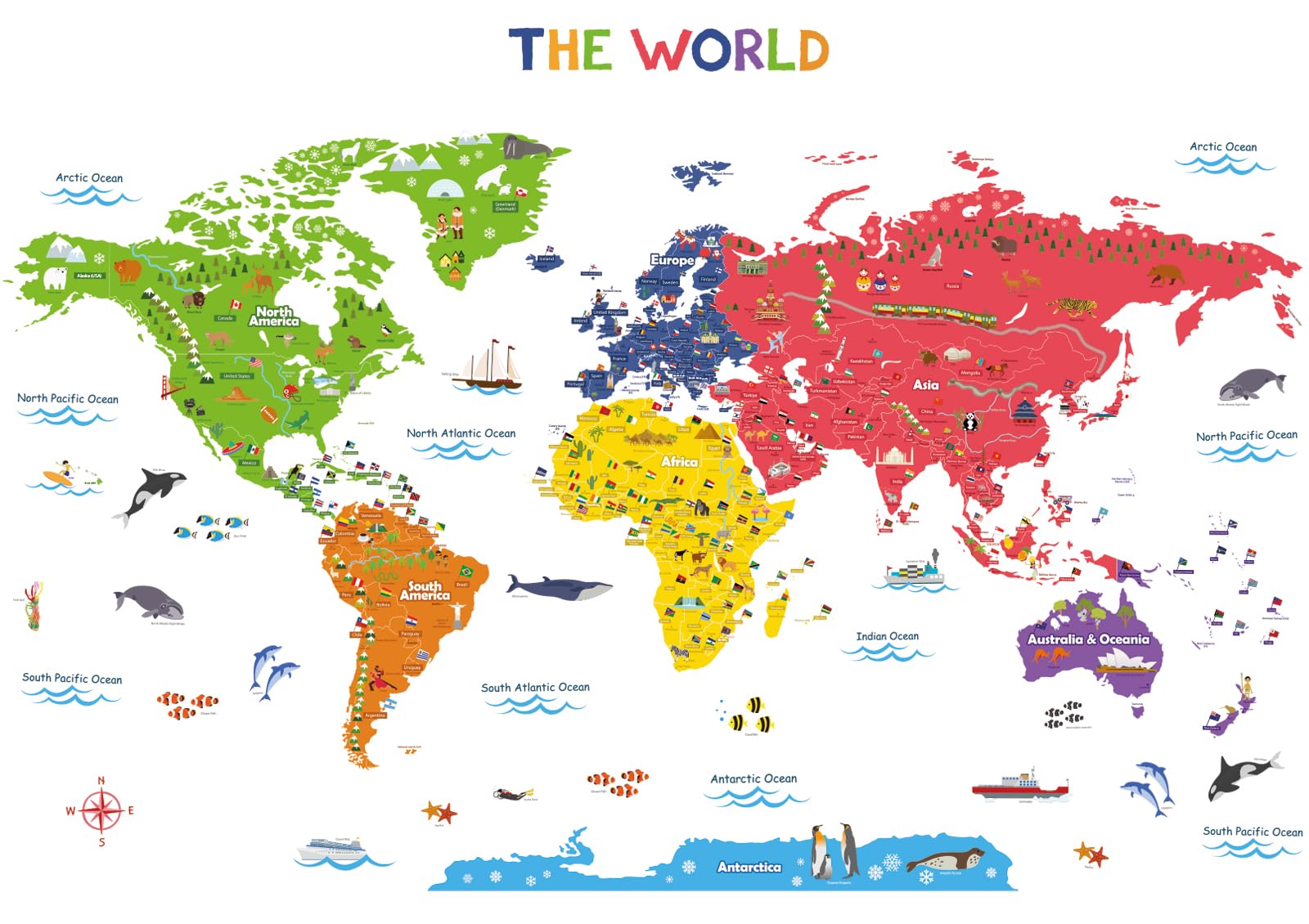 DECOWALL DL3-2212 Colourful World Map (XLarge) Kids Wall Stickers Decals Peel and Stick Removable for Nursery Bedroom Living Room Art murals Decorations
